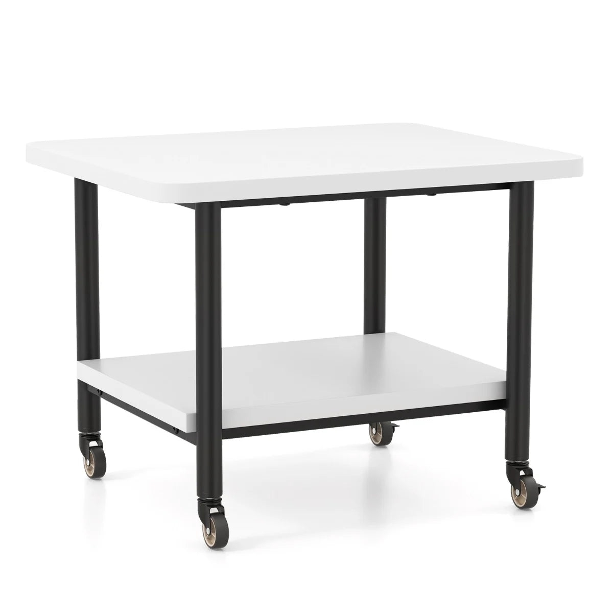 Printer table with 2 levels and lockable wheels, printer stand, printer trolley, white