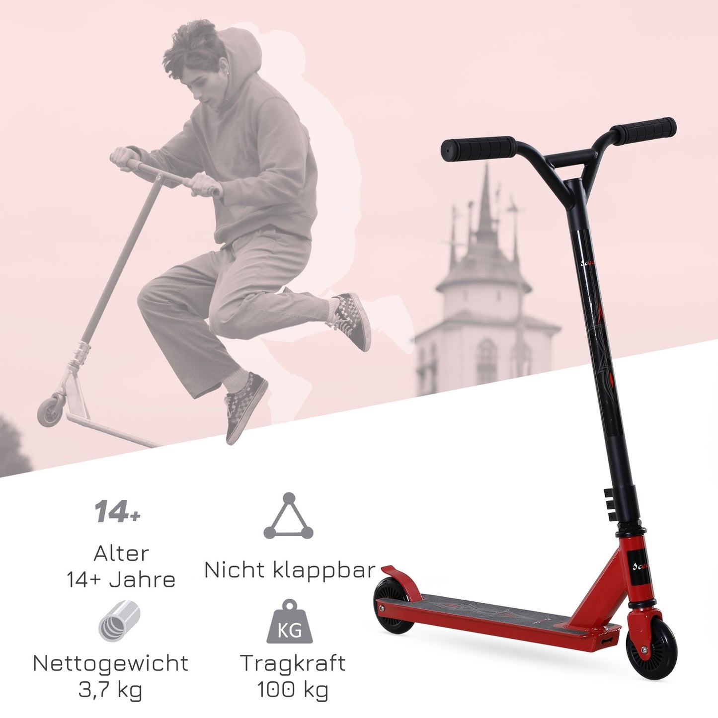 Pro Freestyle Stunt Scooter, Aluminium, 100 mm wheels, Red