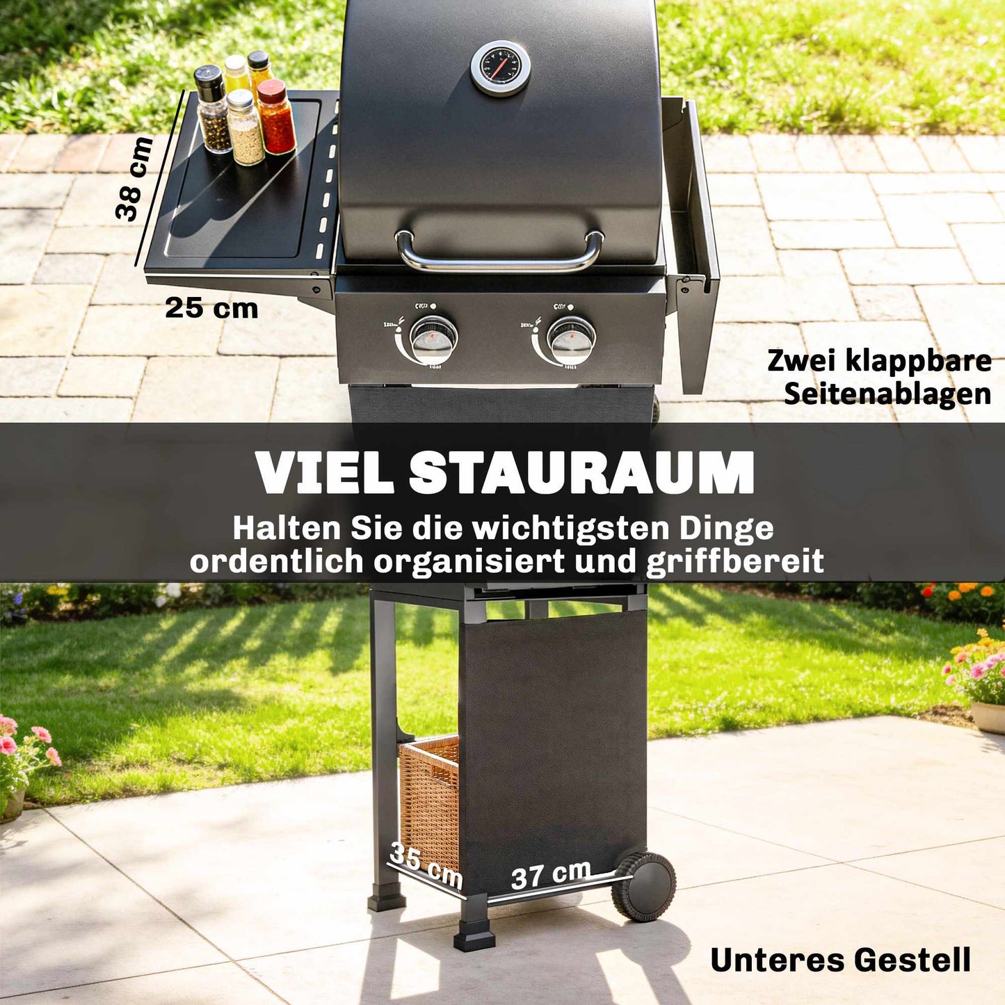 Propane Gas Grill with 2 Burners, Folding Shelves, Black