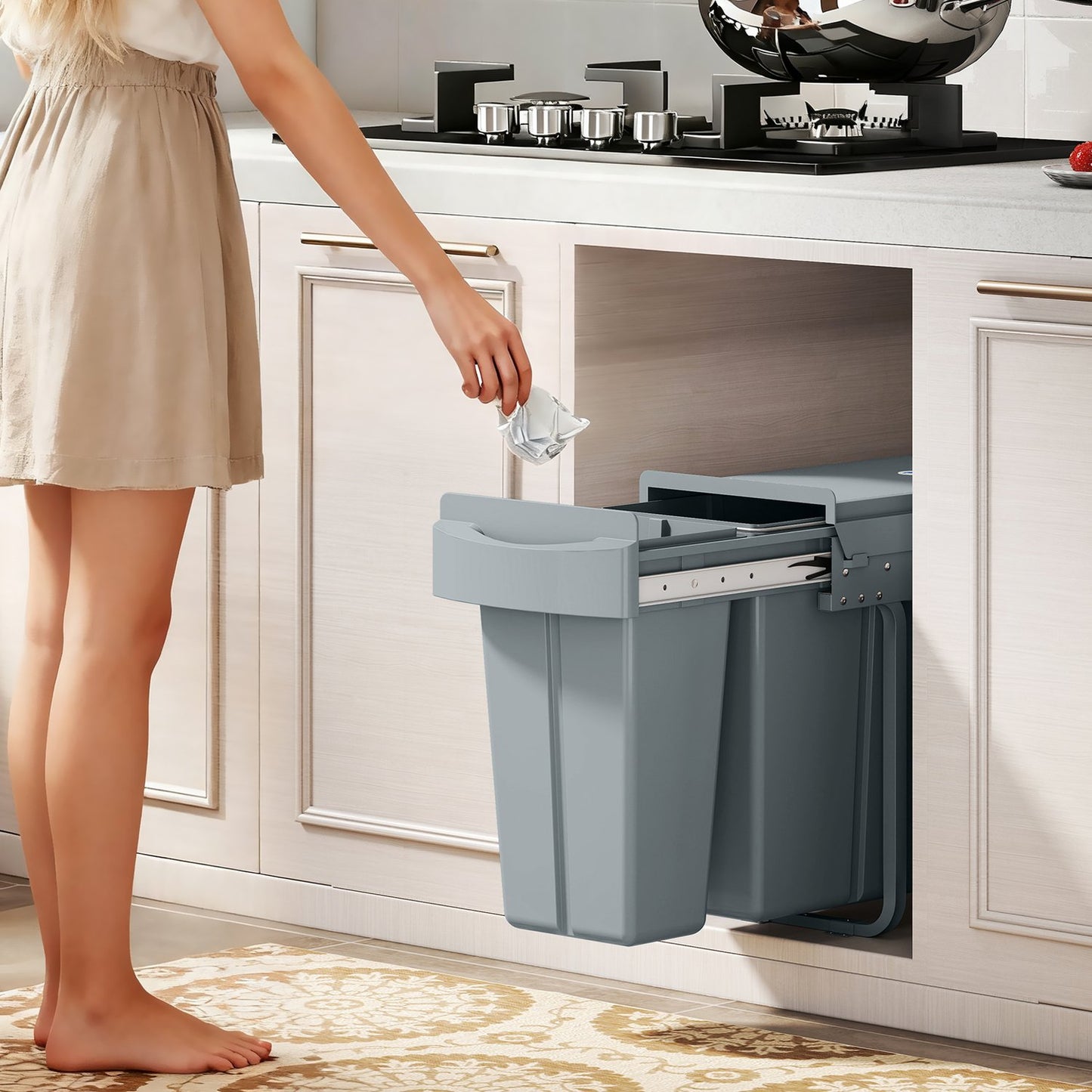 Pull-Out Kitchen Trash Bin, 2 Removable Buckets, 30L, Metal