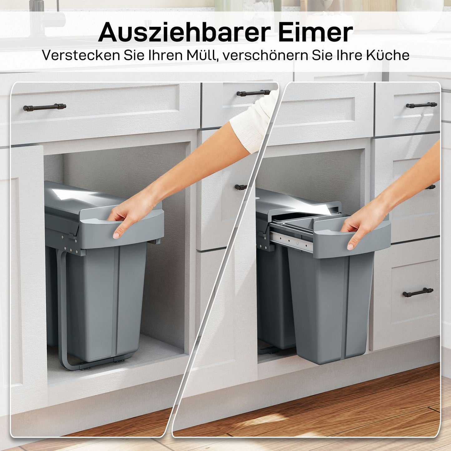 Pull-Out Kitchen Trash Bin, 2 Removable Buckets, 30L, Metal