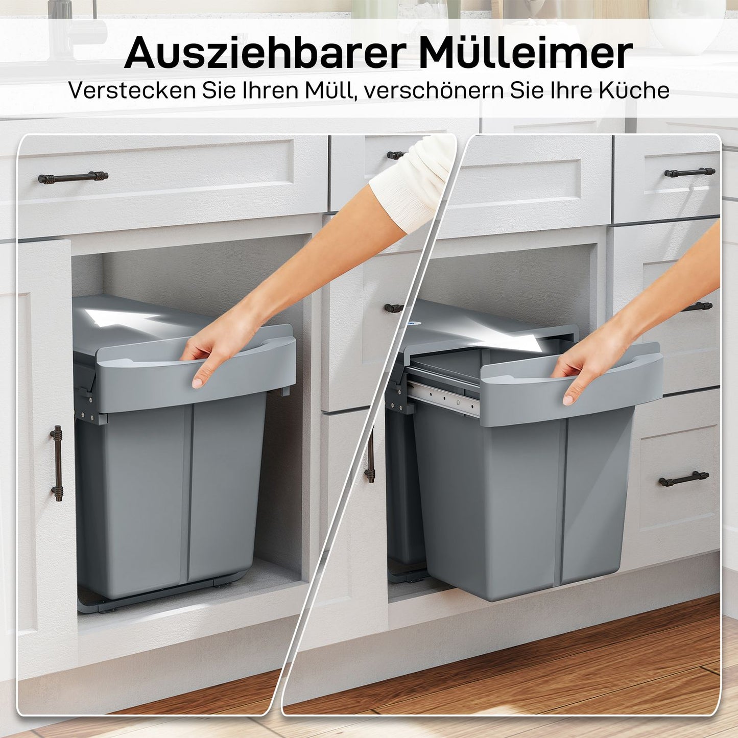 Pull-Out Trash Bin, 2x20L, Removable Bins, Gray