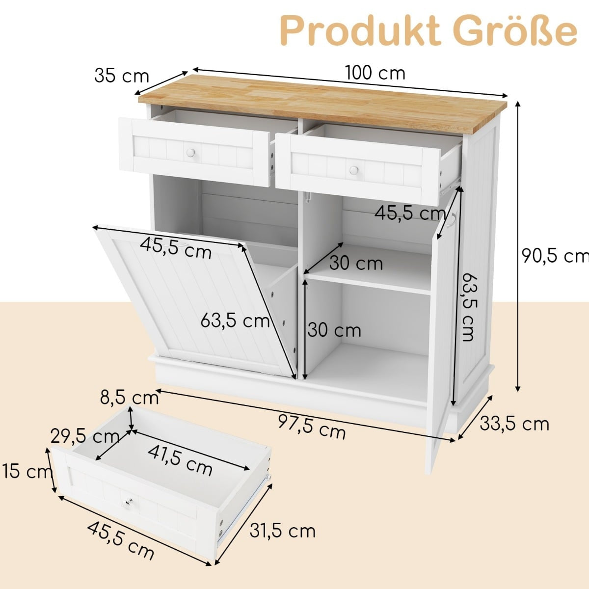 Pull-Out Trash Cabinet with Hidden 42L Bin, Pet-Safe, White