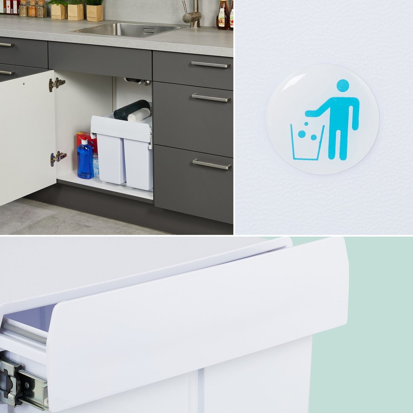 Pull-Out Waste Bin with Telescopic Rail, White