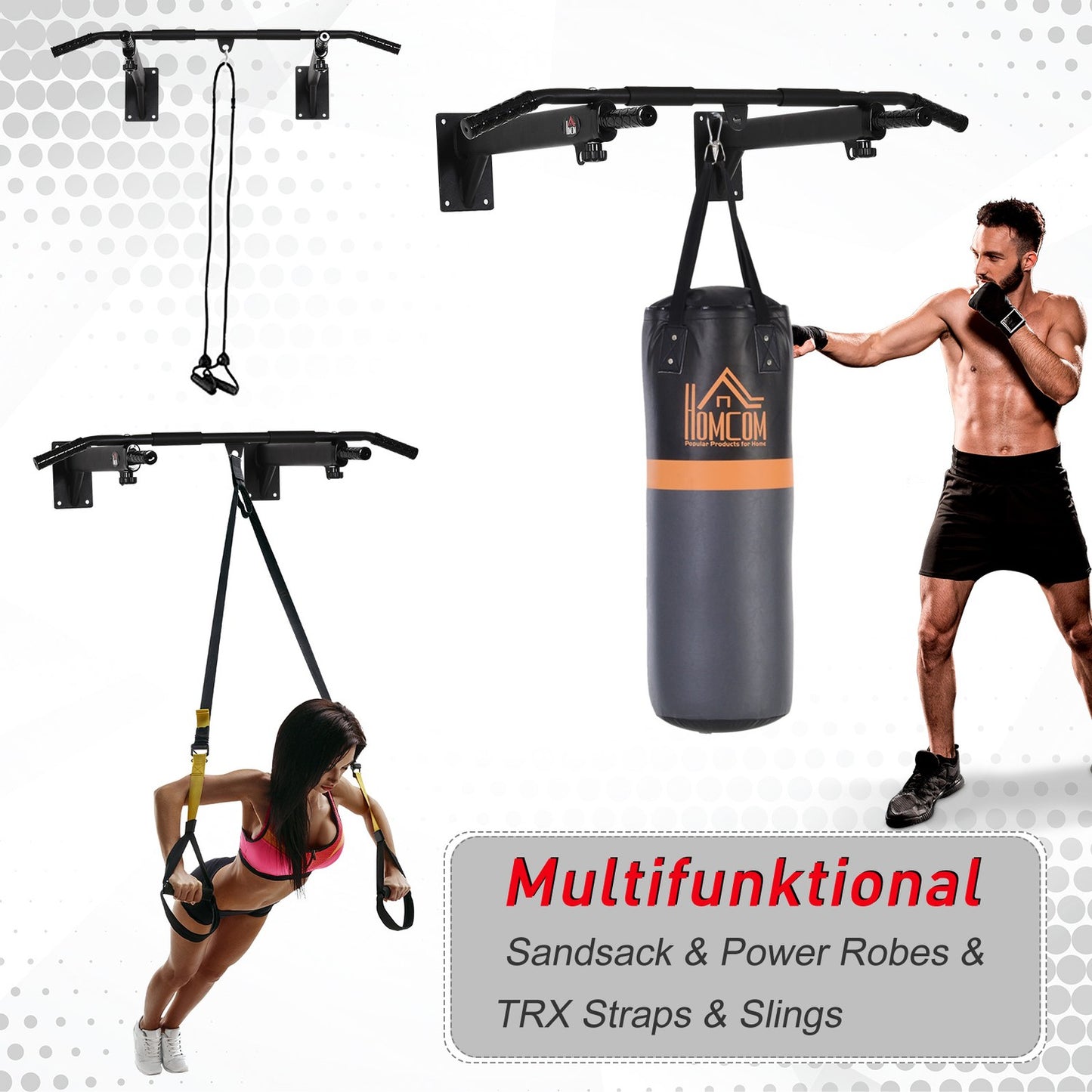 Wall-mounted Pull-Up Bar with loops for punching bag, steel