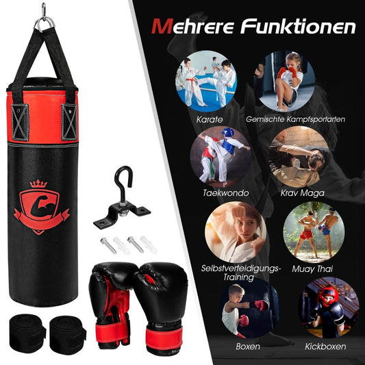 Punching Bag Set with 8oz Boxing Gloves Hand Straps Bag Punching Bag for Children and Adults Black + Red