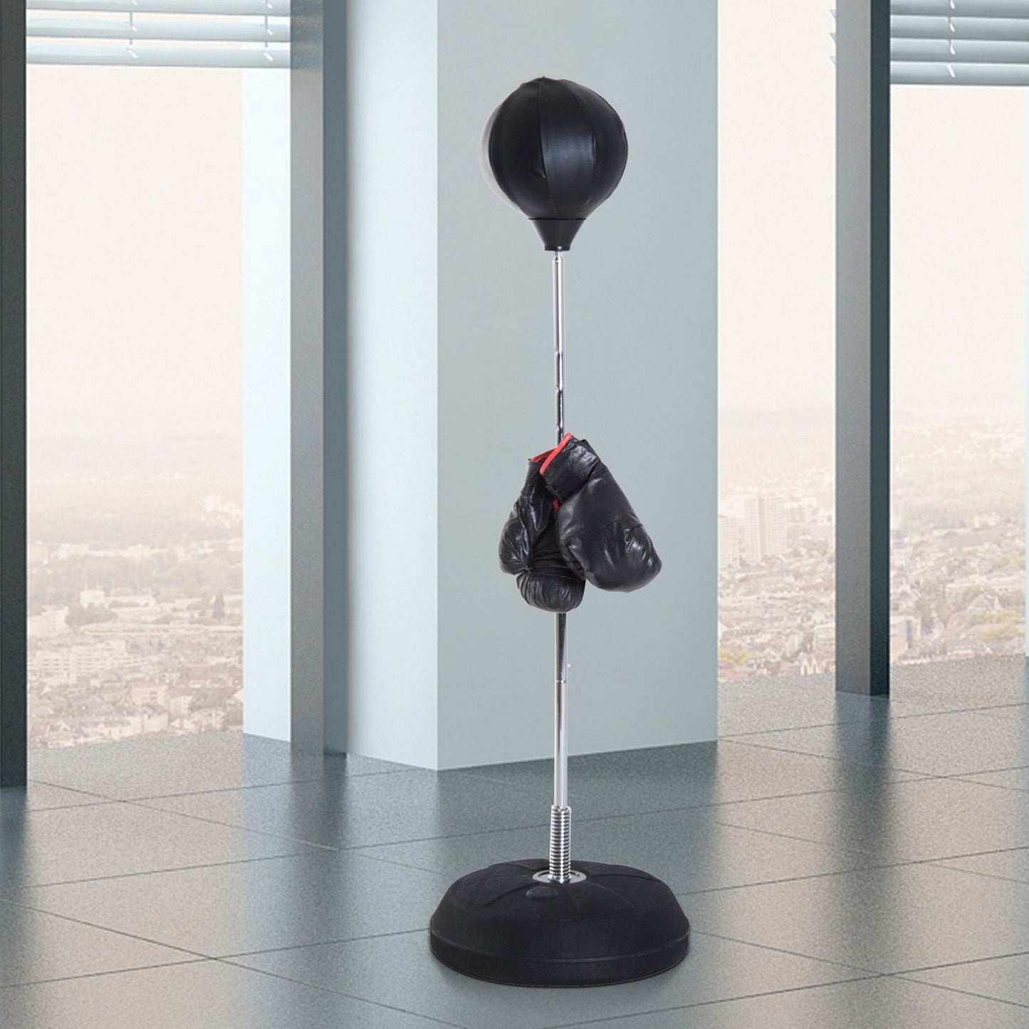 Adjustable standing boxing trainer with gloves and stand