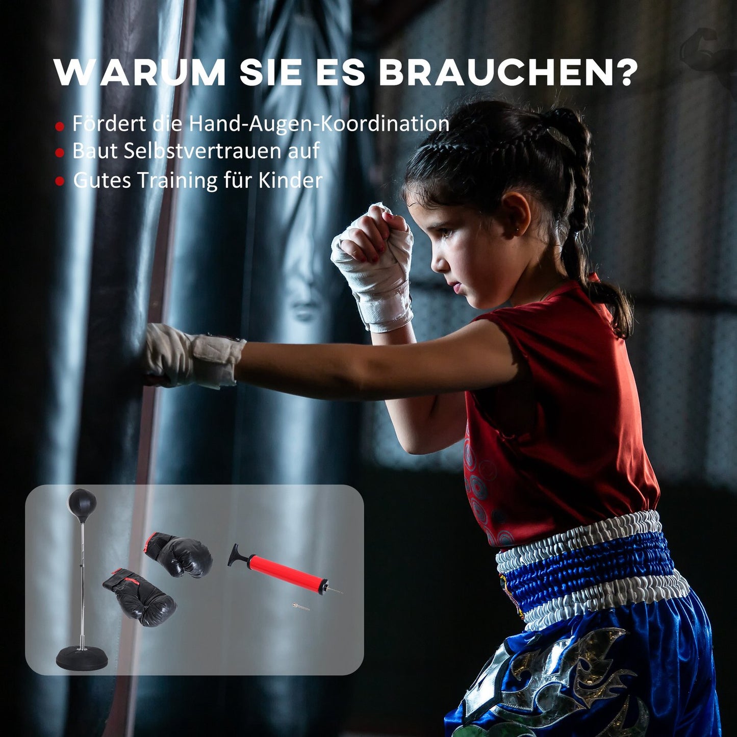 Adjustable standing boxing trainer with gloves and stand