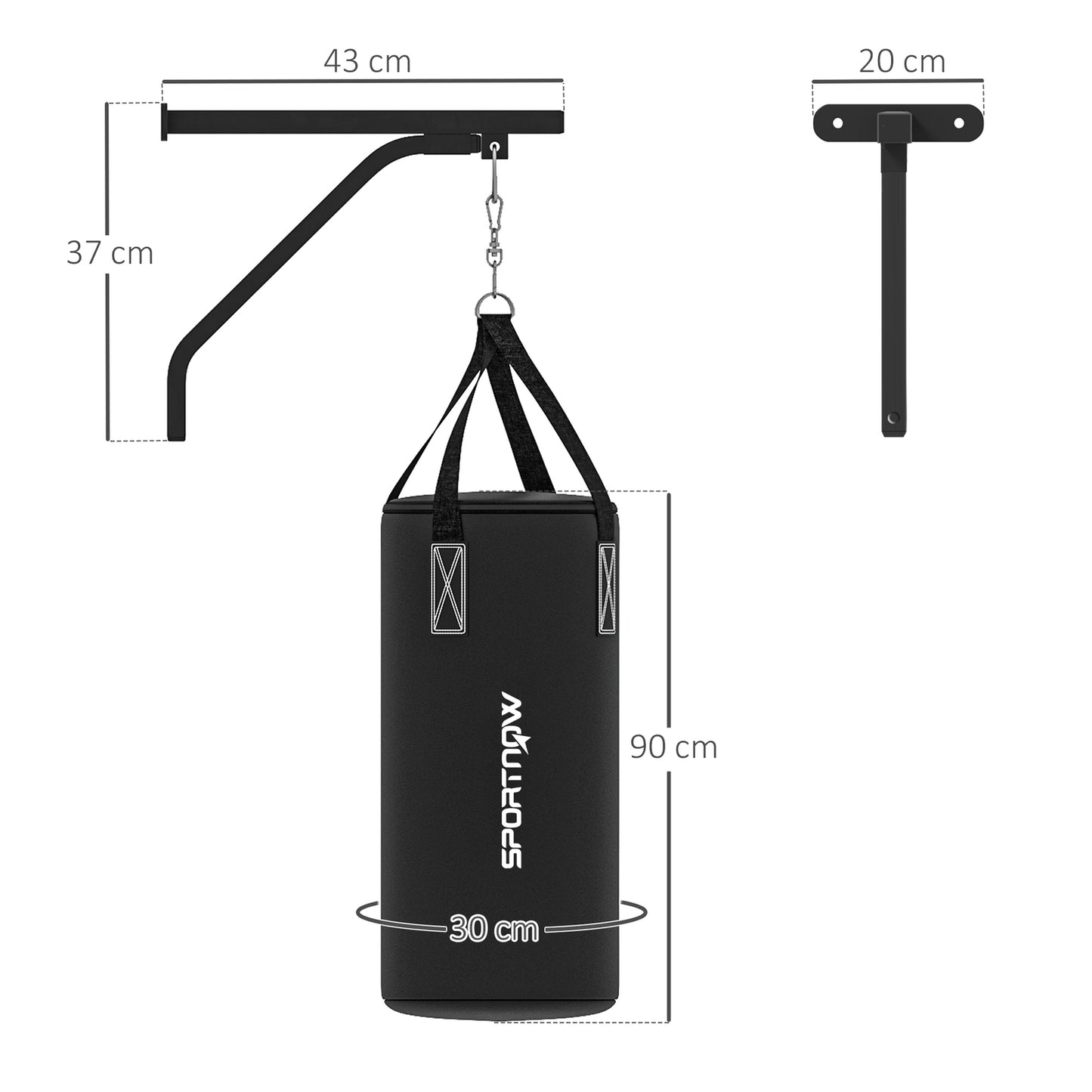 Wall bracket for punching bag, adjustable steel stand with gloves