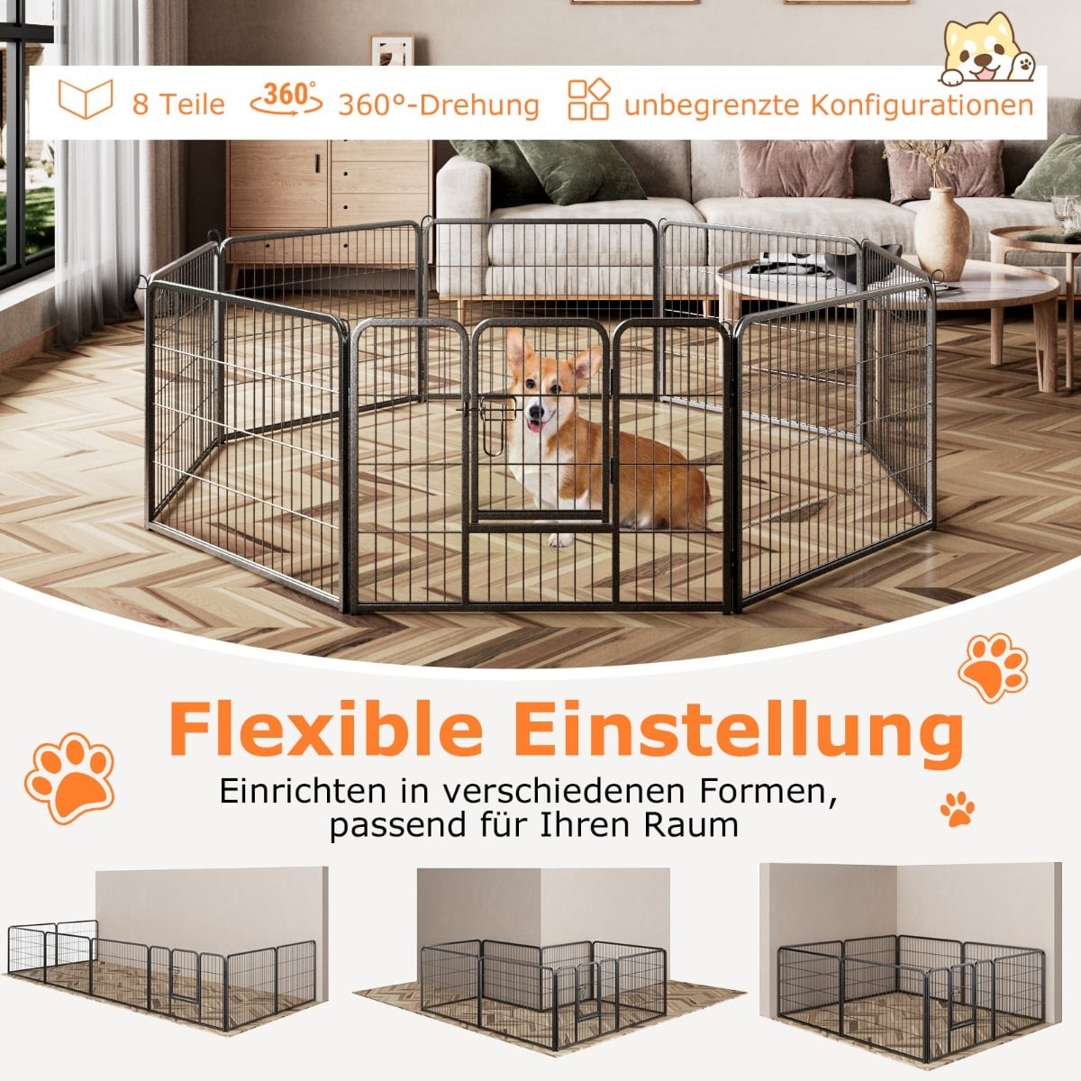 Puppy Playpen, 60cm High, 8-Panel Foldable Metal Fence
