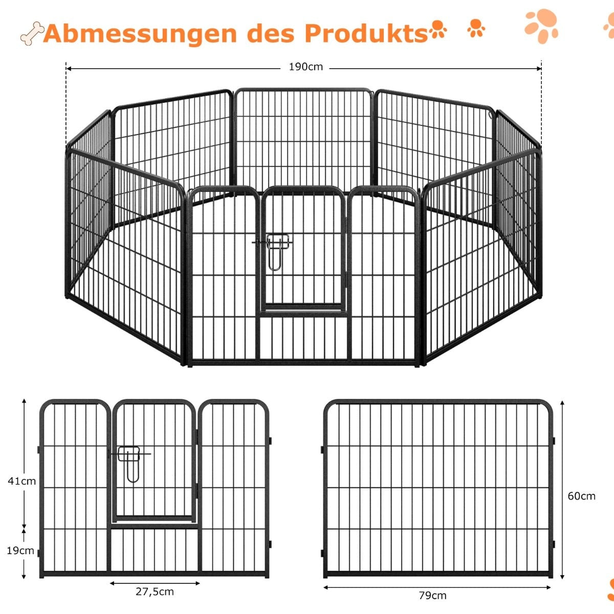 Puppy Playpen, 60cm High, 8-Panel Foldable Metal Fence