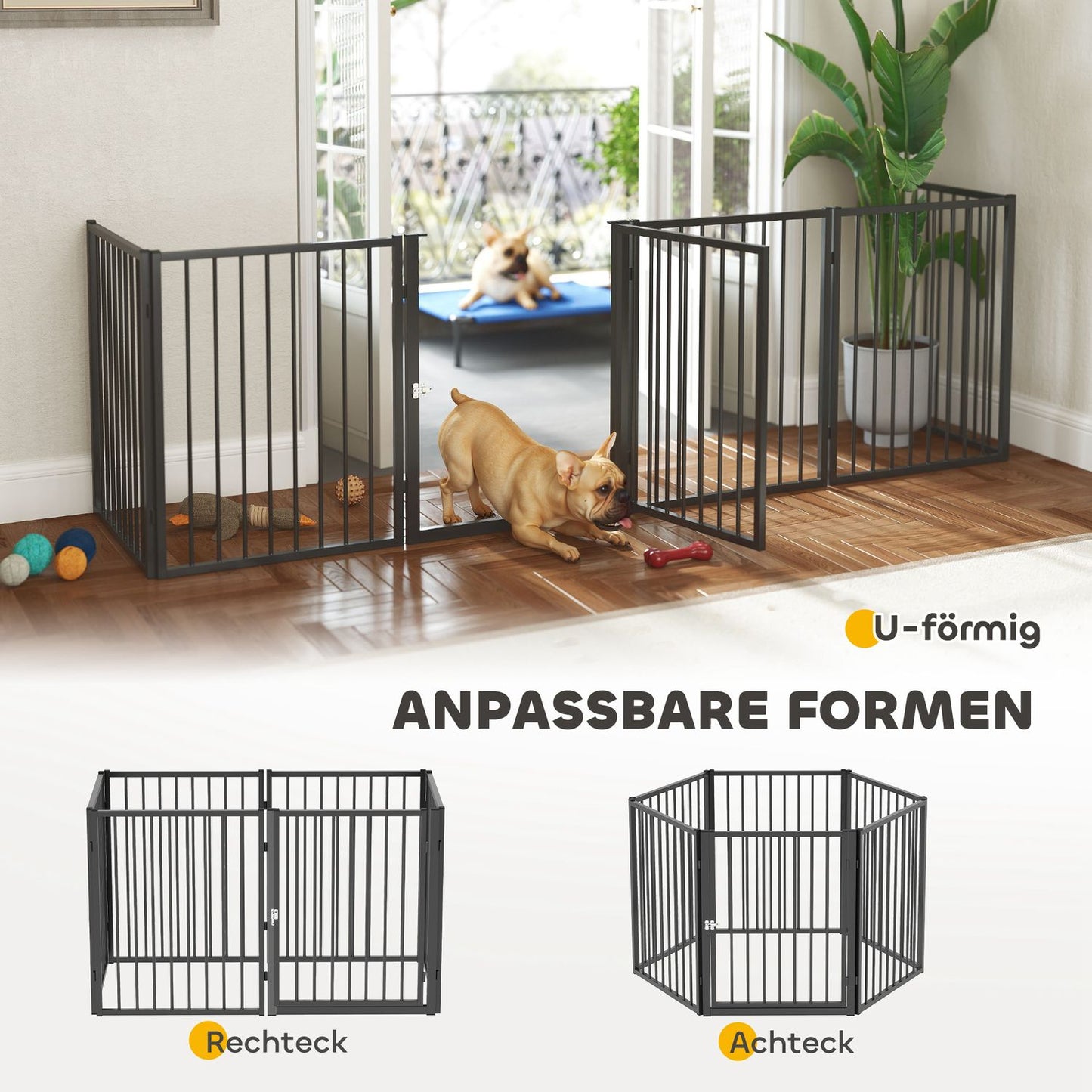 Puppy pen with door, black steel, 6 panels, 76 cm high