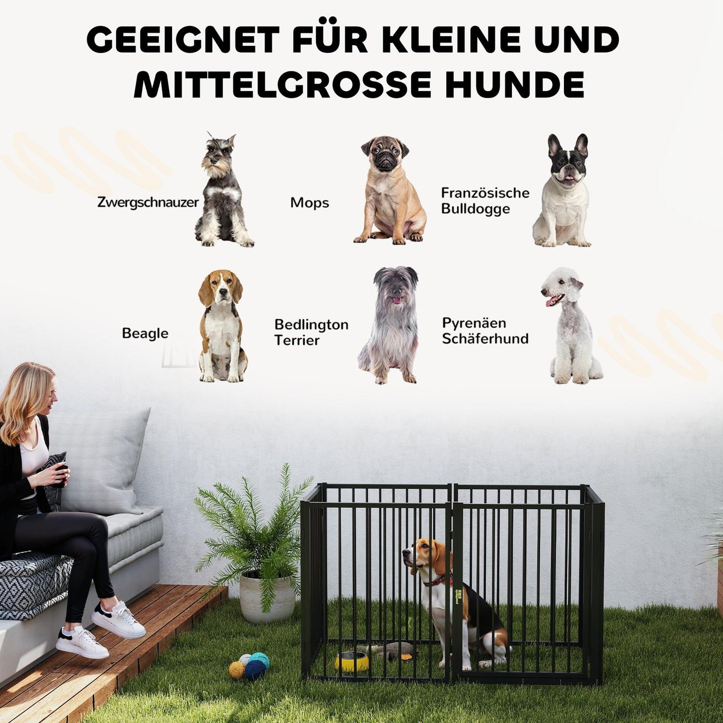 Puppy pen with door, black steel, 6 panels, 76 cm high