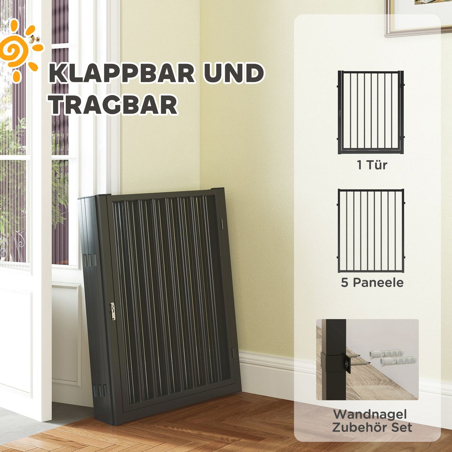 Puppy pen with door, black steel, 6 panels, 76 cm high