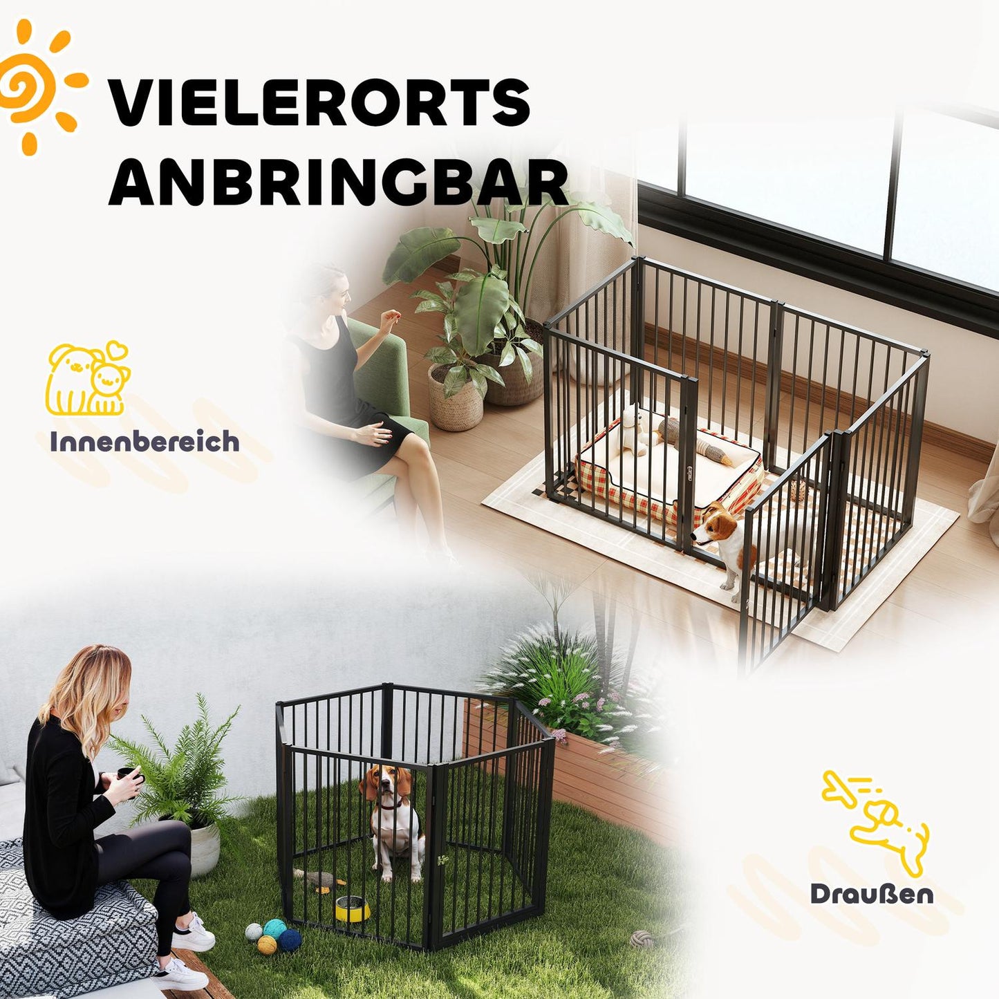 Puppy pen with door, black steel, 6 panels, 76 cm high