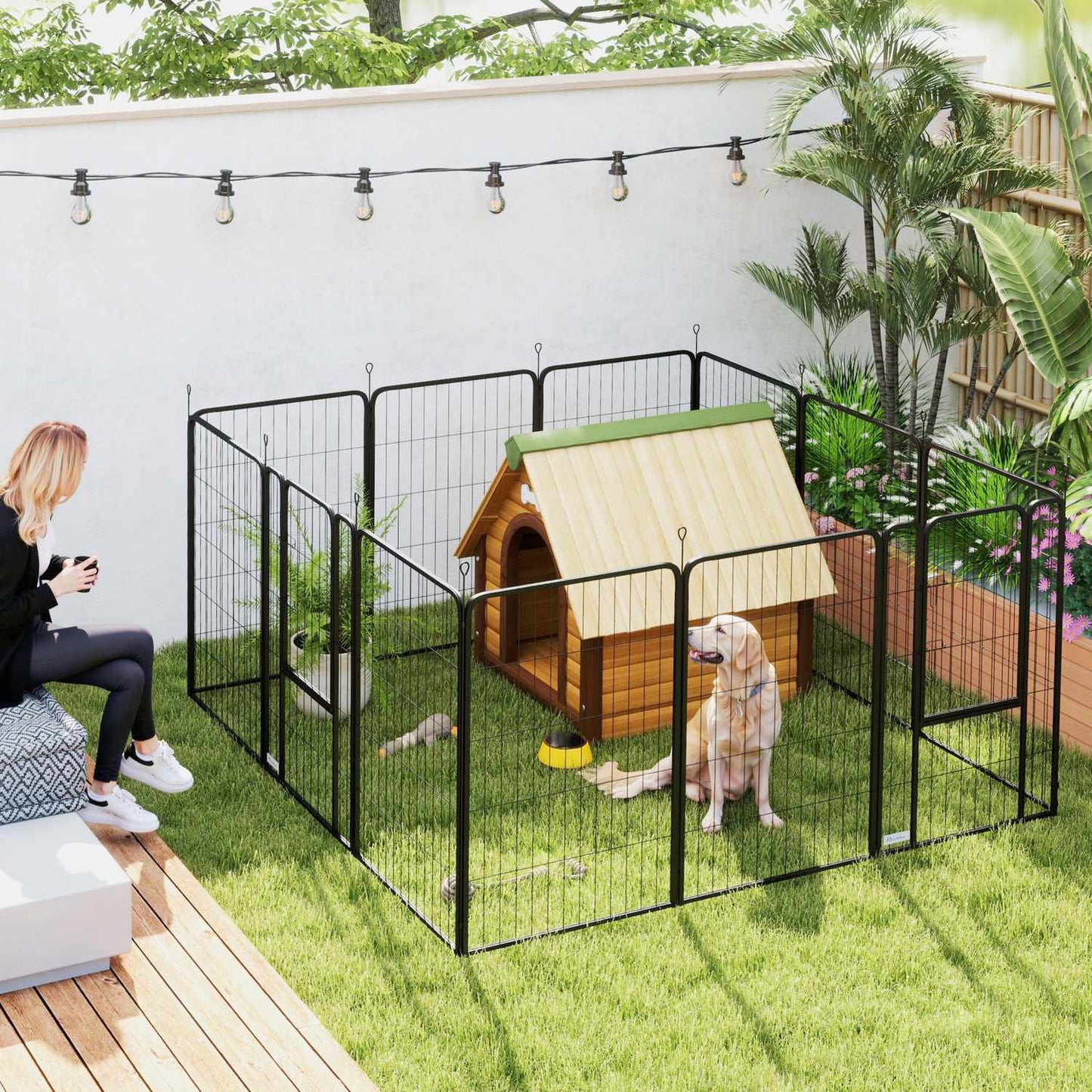 Outdoor puppy playpen, 12 panels, collapsible with door