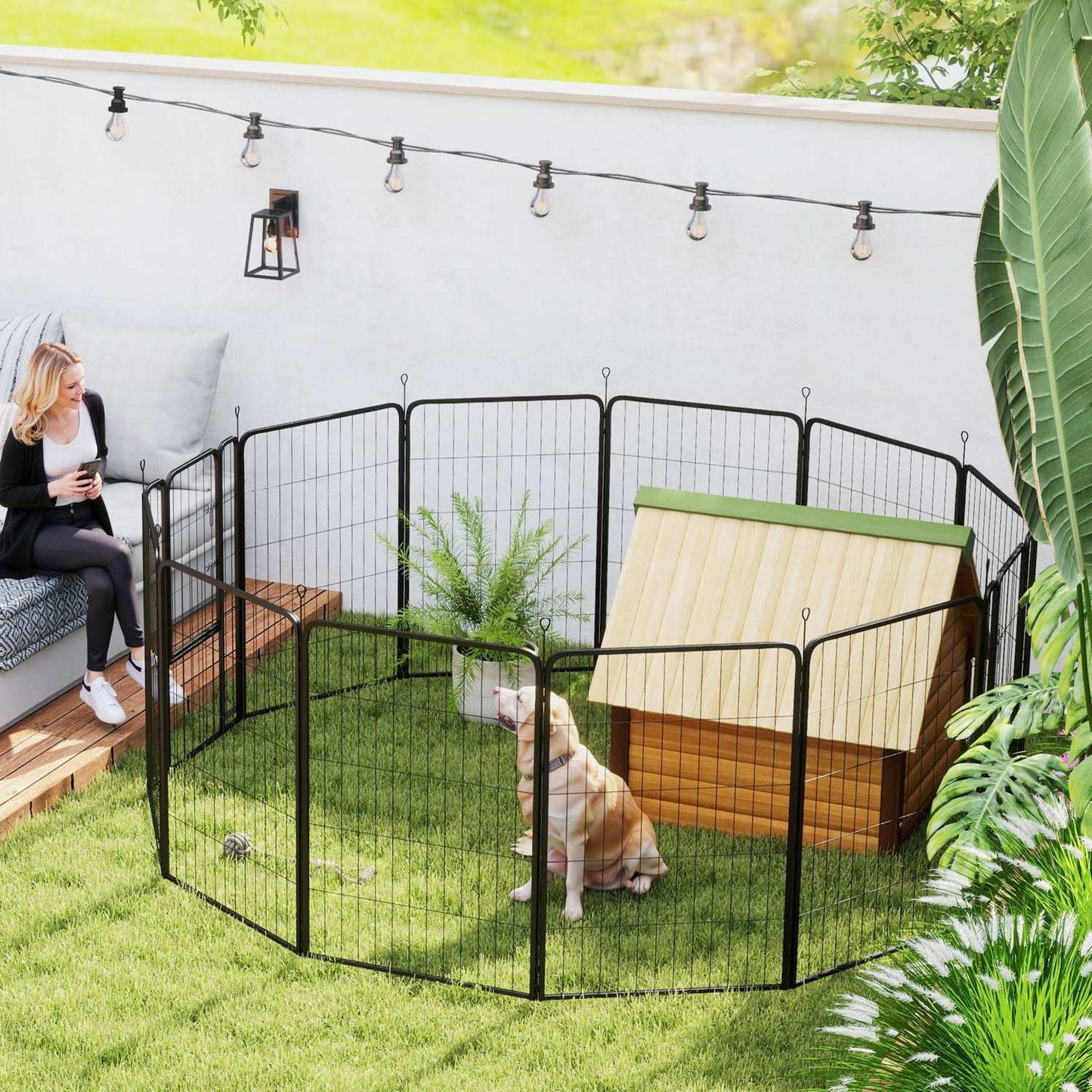Outdoor puppy playpen, 12 panels, collapsible with door