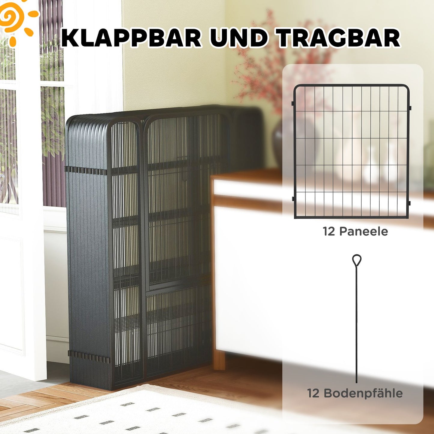 Outdoor puppy playpen, 12 panels, collapsible with door