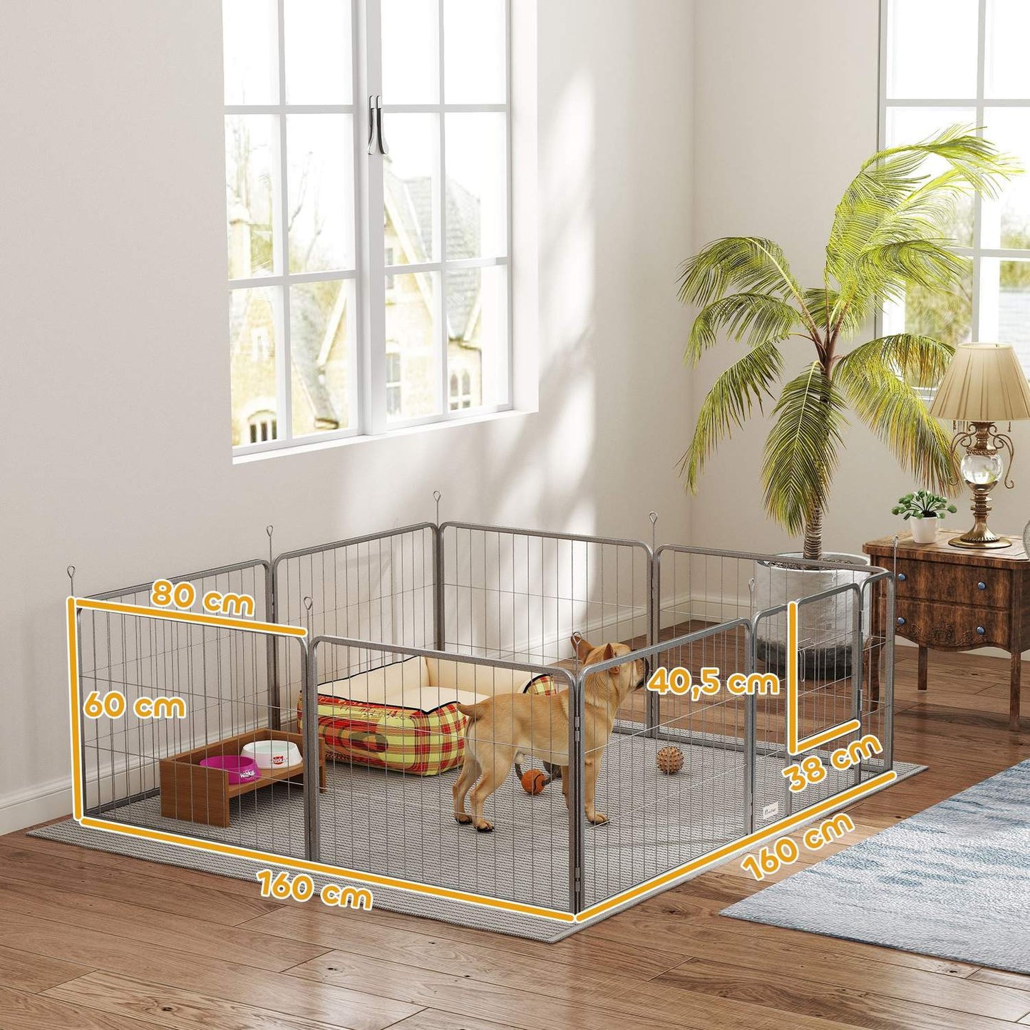 Steel dog playpen, 60 cm, 8-part, with door for small pets