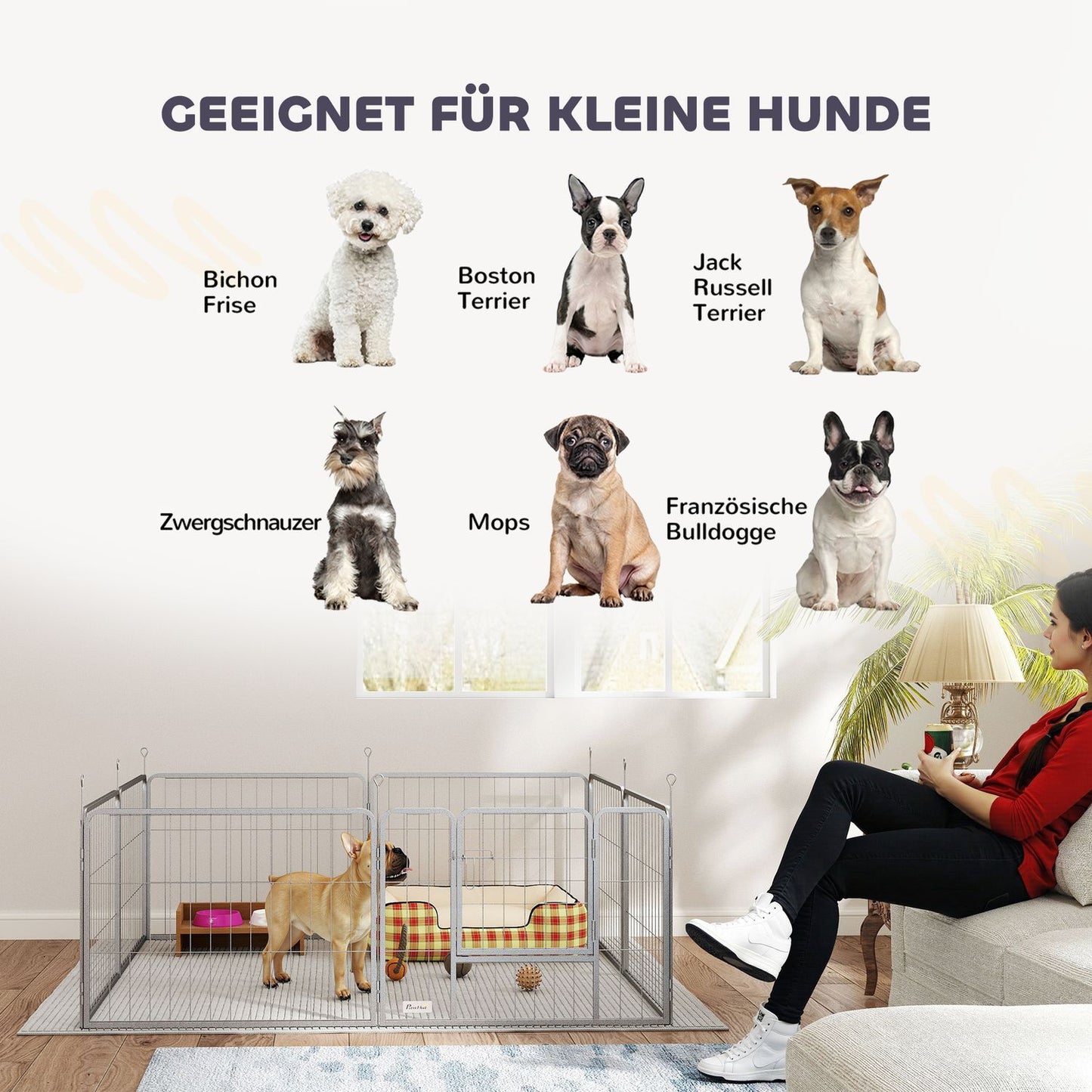 Steel dog playpen, 60 cm, 8-part, with door for small pets