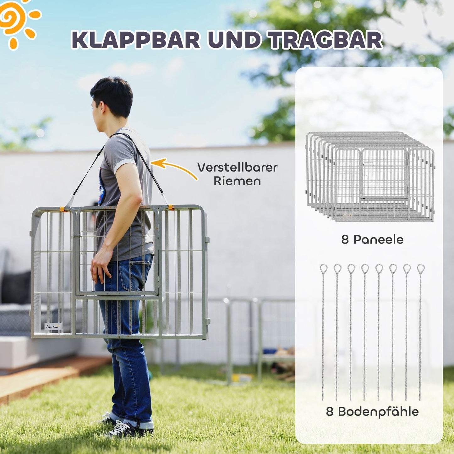 Steel dog playpen, 60 cm, 8-part, with door for small pets