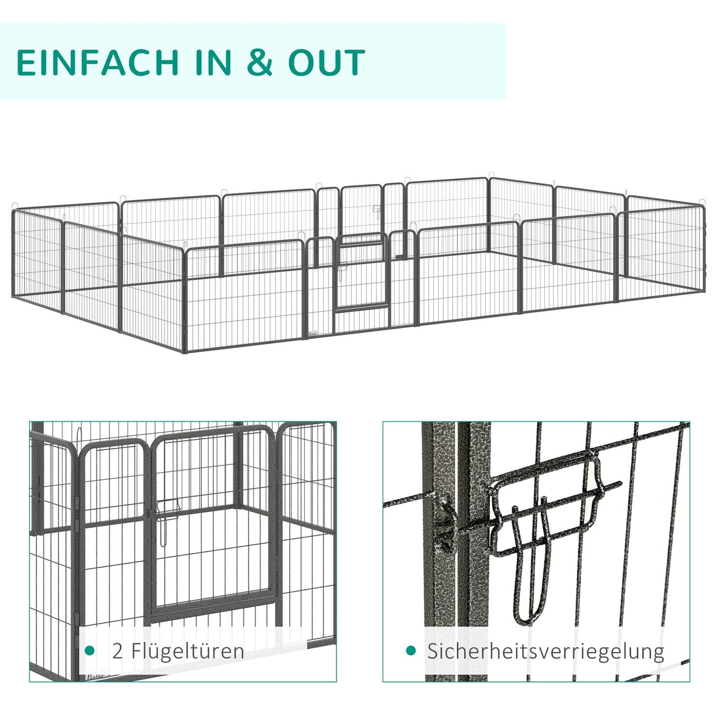 Outdoor puppy cage, steel, 16 segments, 2 doors, 60 cm high