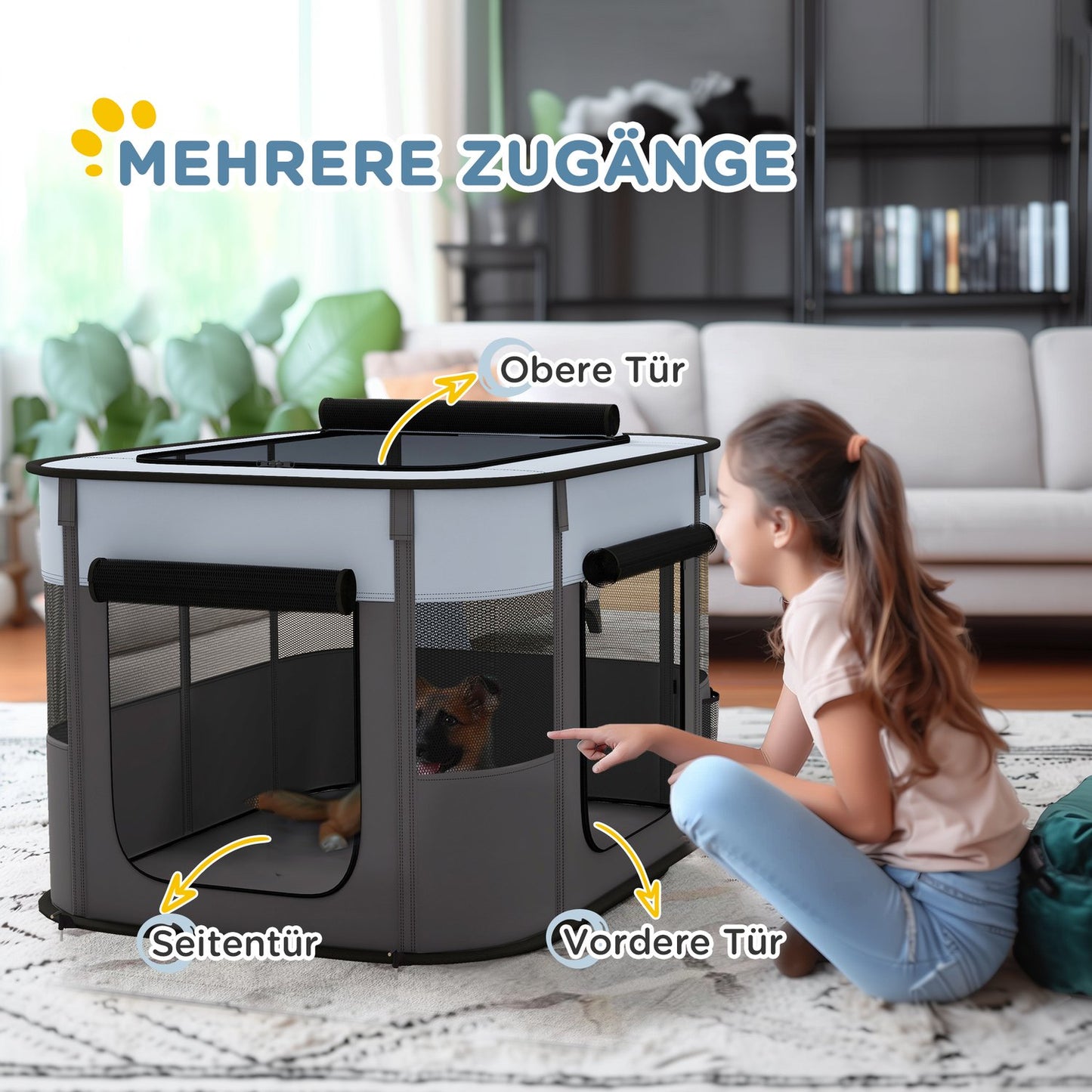Puppy playpen with doors, foldable & breathable, 94x74x60 cm