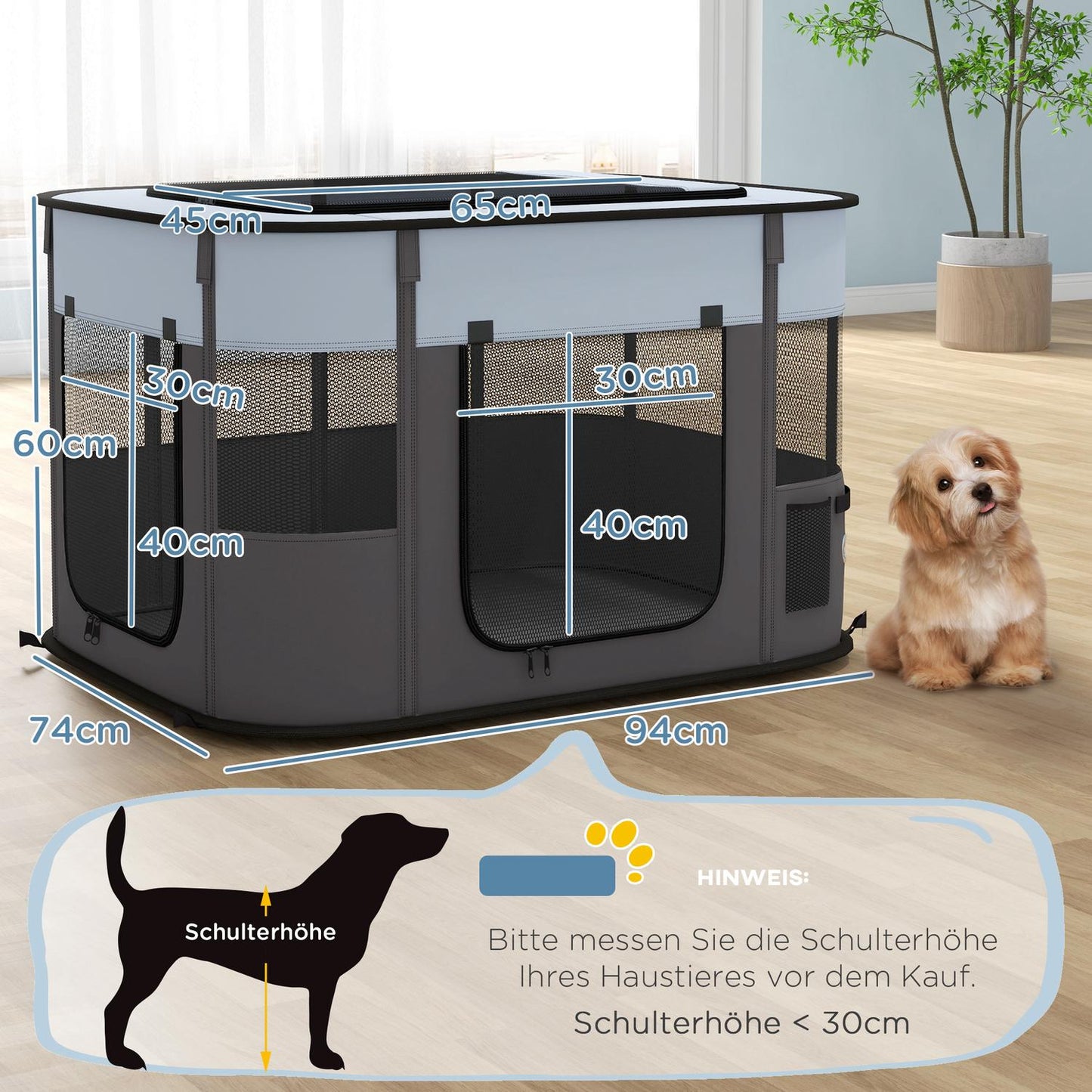 Puppy playpen with doors, foldable & breathable, 94x74x60 cm
