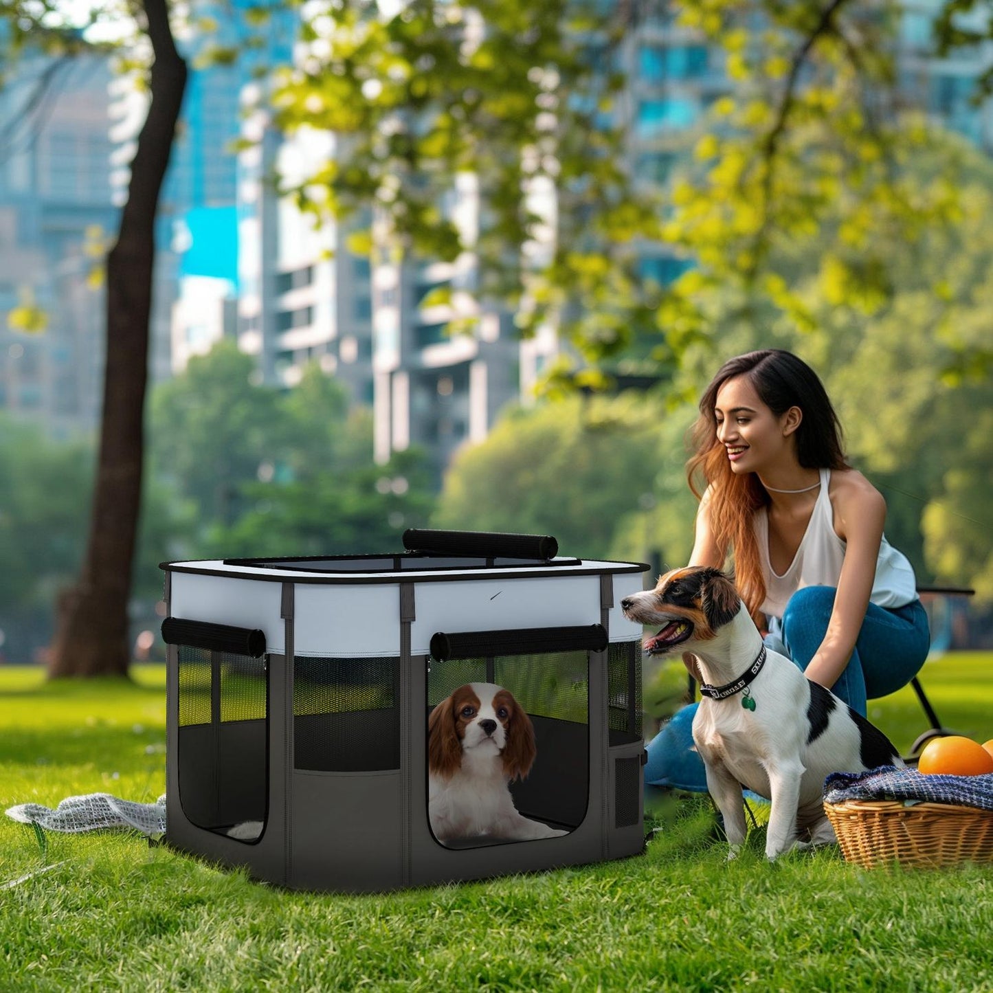 Collapsible puppy playpen with doors for small dogs, indoor/outdoor