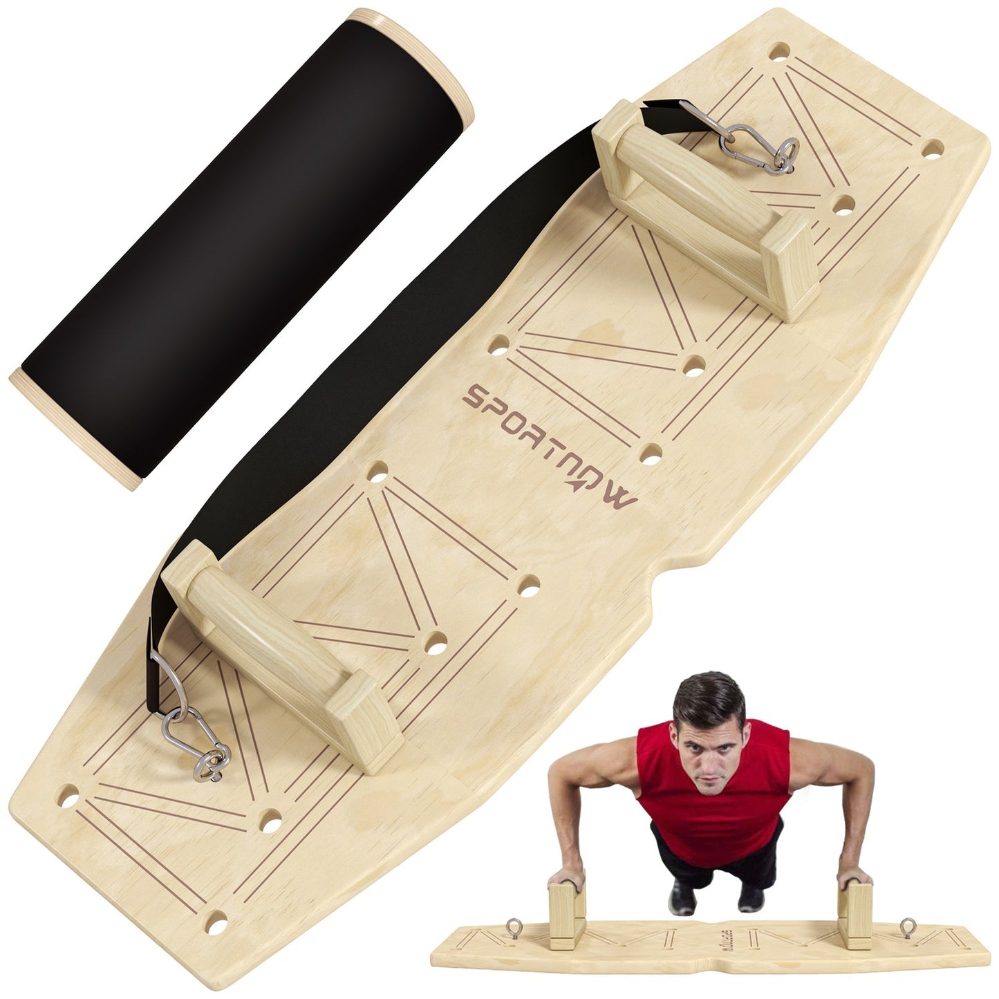 Wooden push-up bars with resistance bands, 11 exercises