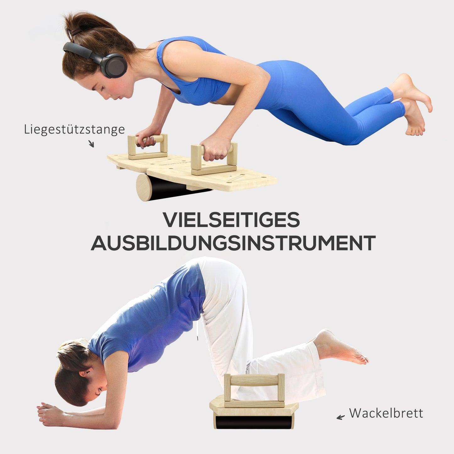 Wooden push-up bars with resistance bands, 11 exercises