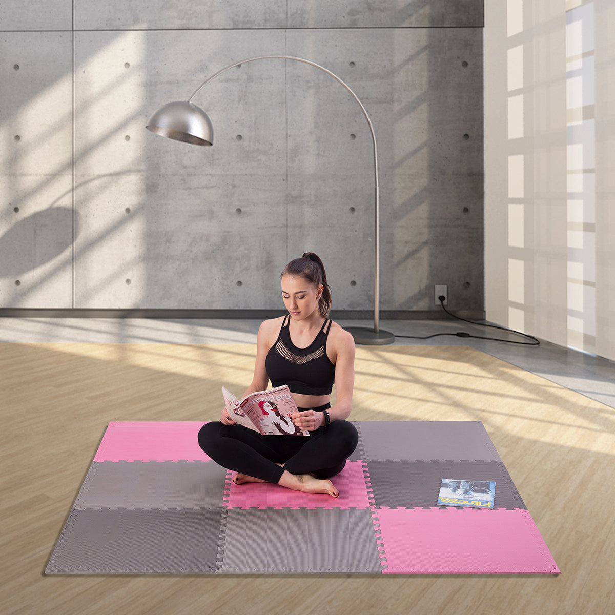 Puzzle Protective Mat, 60x60x1cm, 9-Piece Set, Gray/Pink