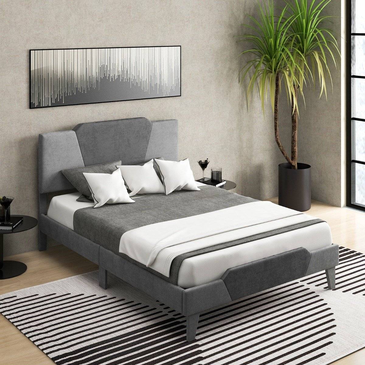 Queen Platform Bed Frame, Velvet Upholstered Headboard, 140x200 cm, Grey