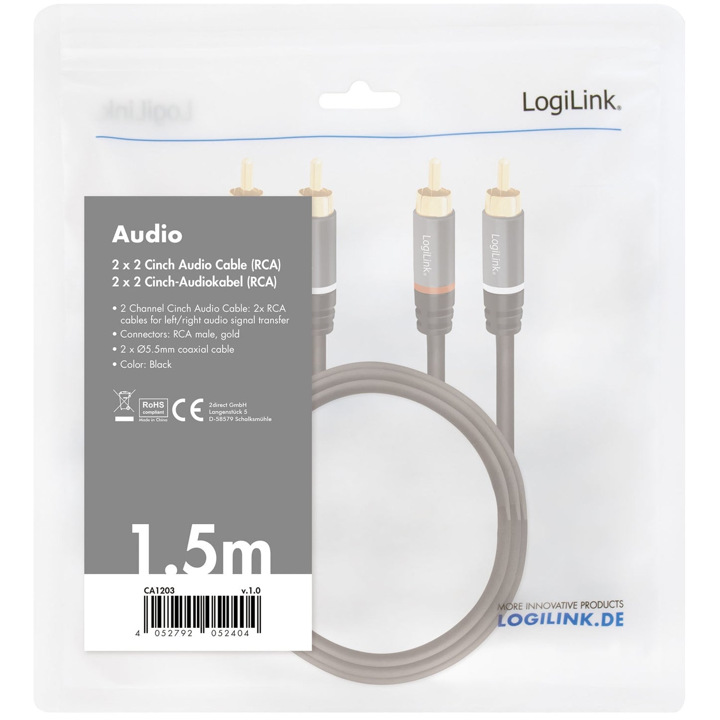 RCA Audio Cable, 2x RCA Male to 2x RCA Male, 1.5m, Gold-Plated