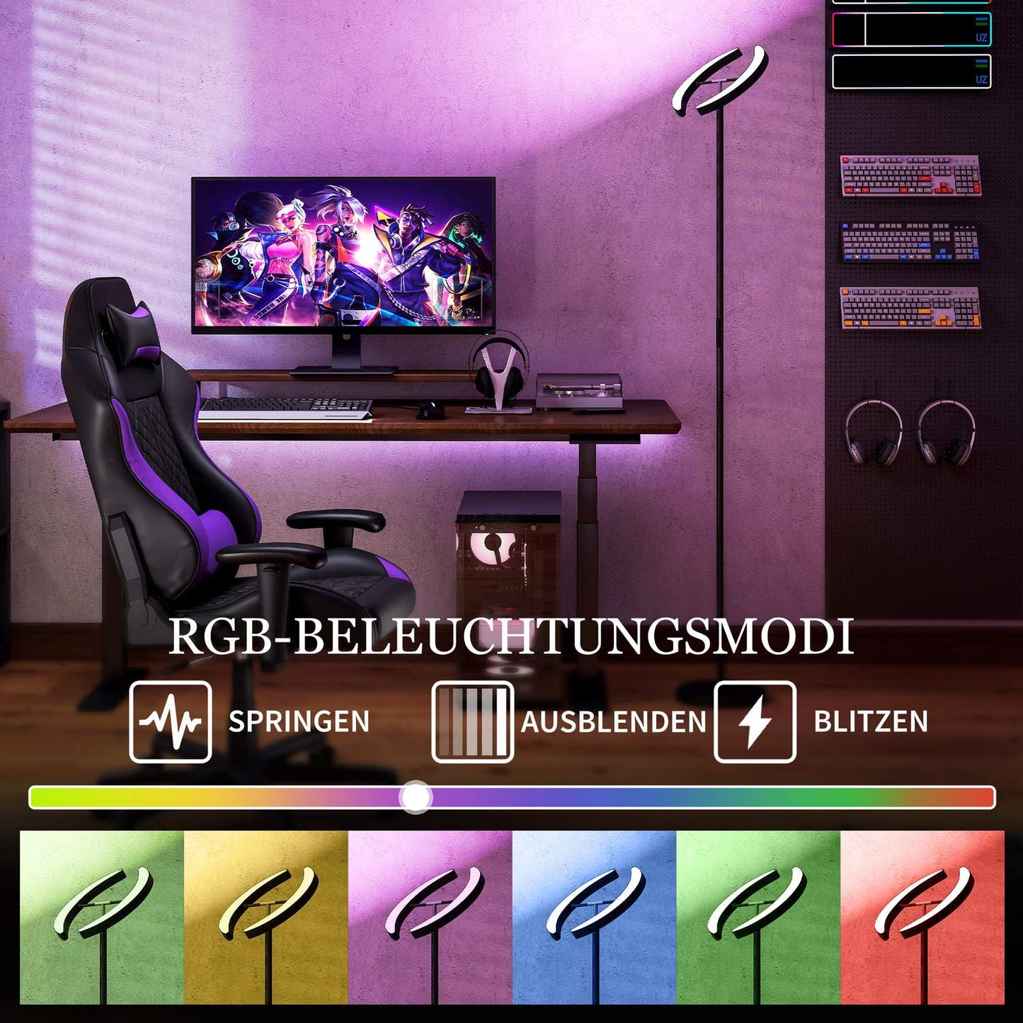 RGB Floor Lamp, Dimmable, Rotating Heads, Black