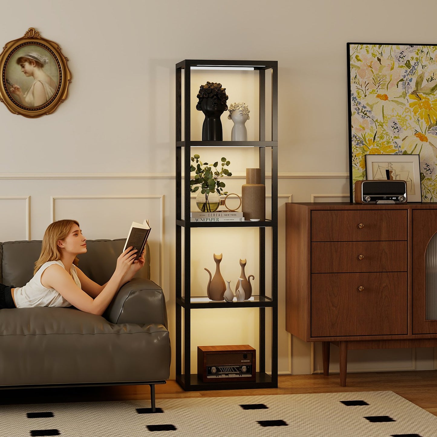 RGB Floor Lamp with Glass Shelves, LED, Remote, Music Sync