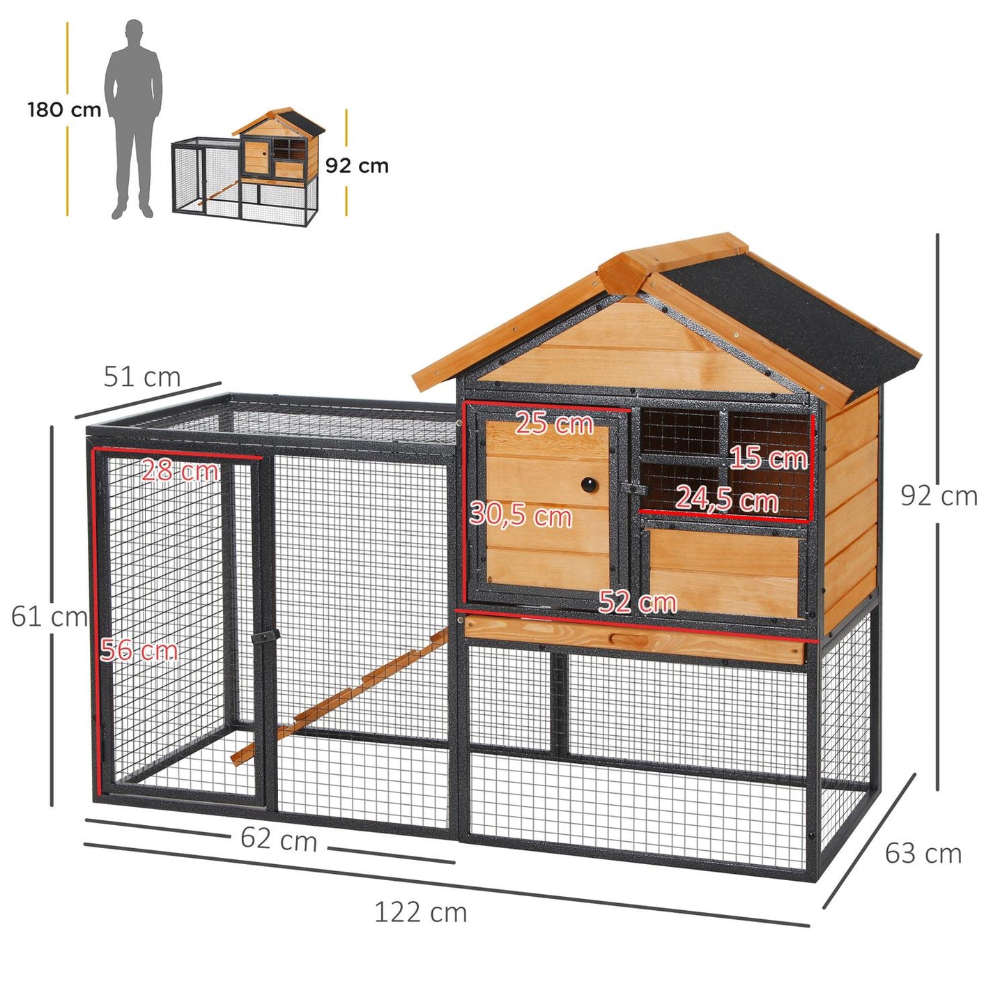 Outdoor raised rabbit cage, lockable door, wood-metal, 122 cm