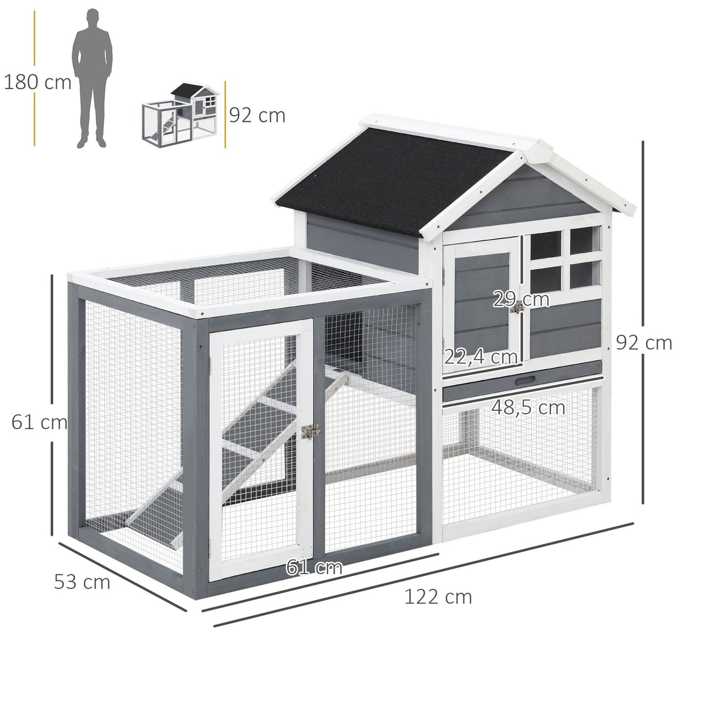 Small animal shelter with removable tray and ramp, 122x62x92cm