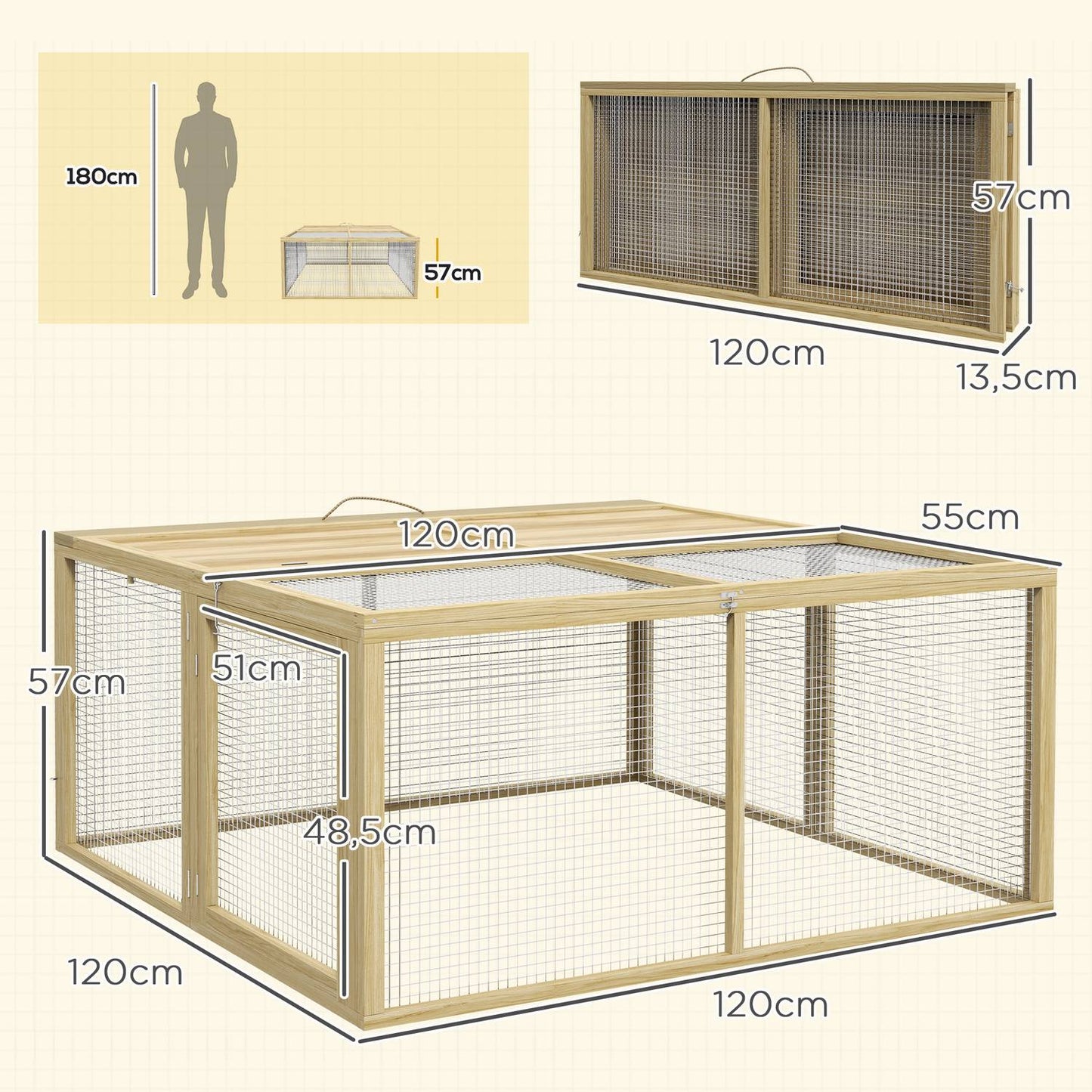 Wooden rabbit cage with open roof, 120x120x57 cm