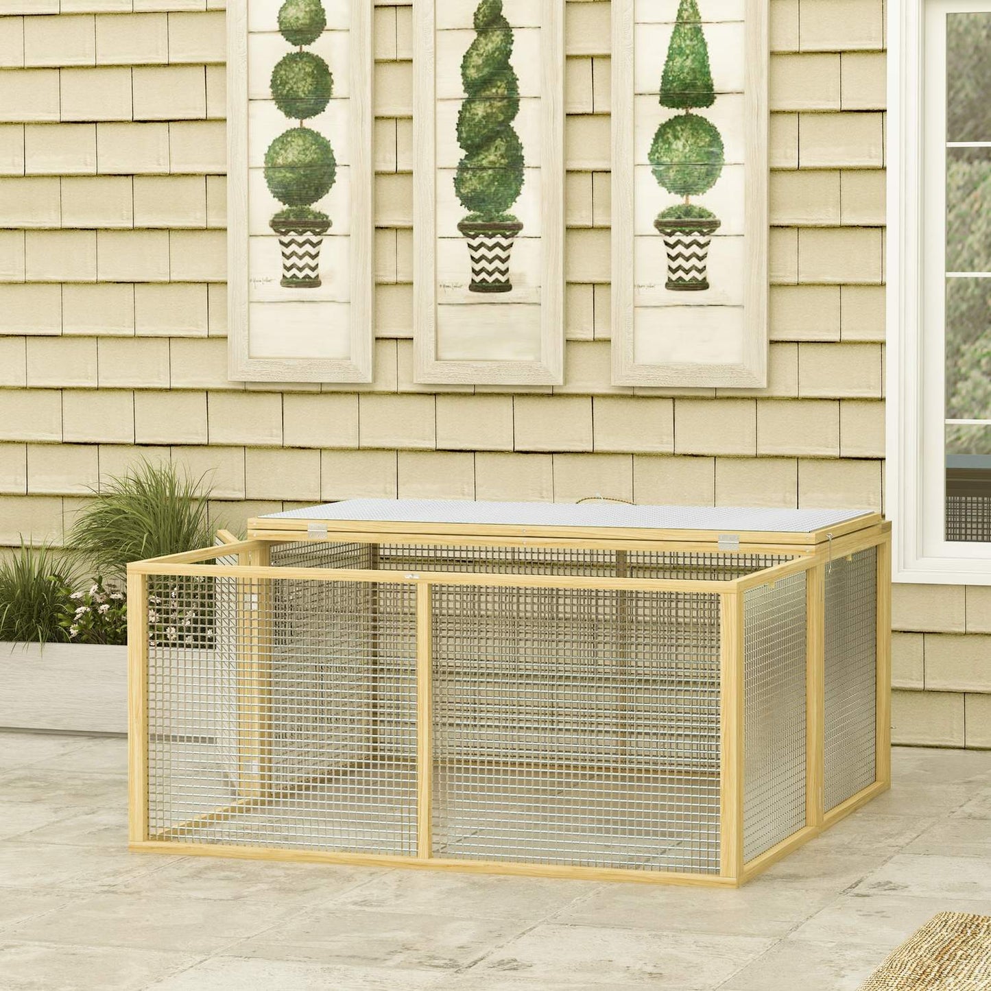 Wooden rabbit cage with open roof, 120x120x57 cm