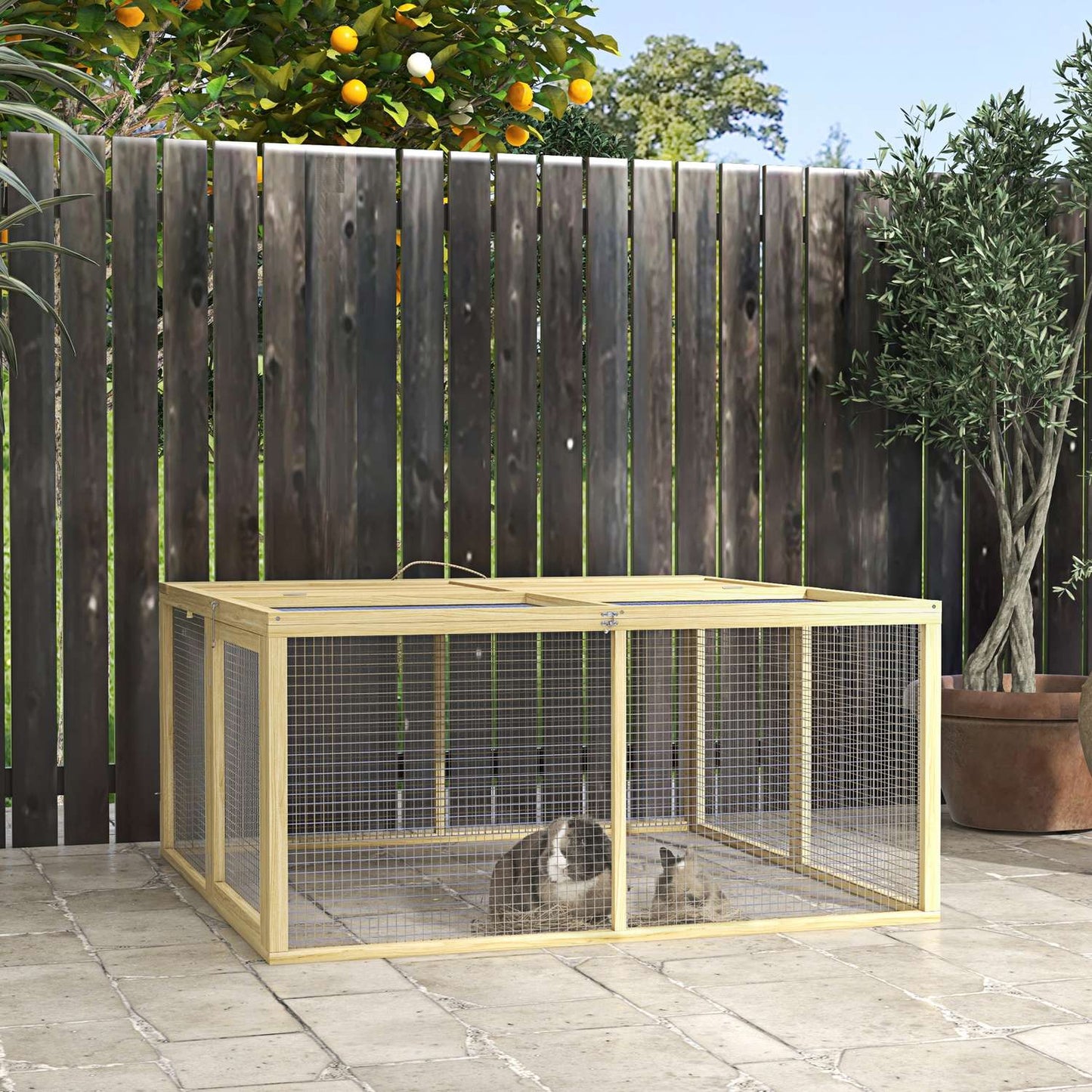 Wooden rabbit cage with open roof, 120x120x57 cm
