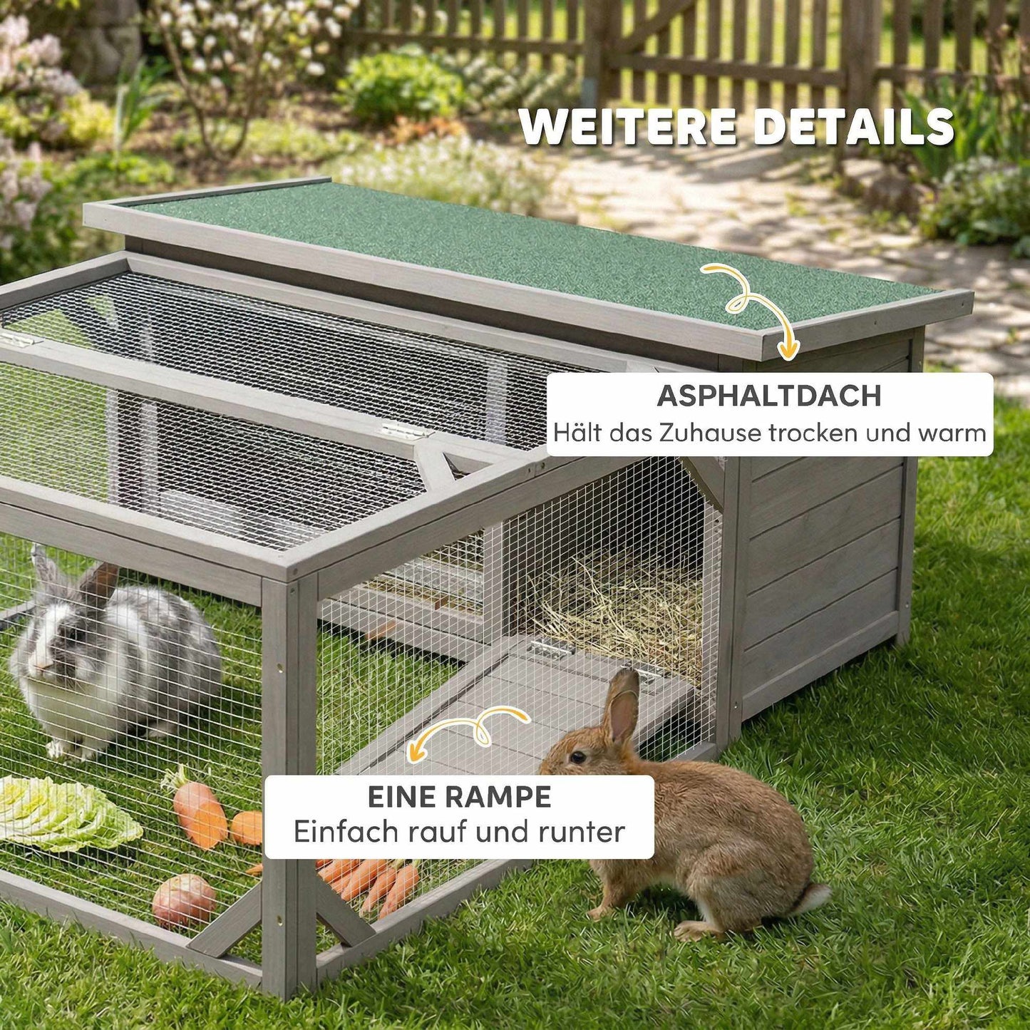 Rabbit Hutch with Bitumen Roof, Run, Doors, 125.5x100x49 cm