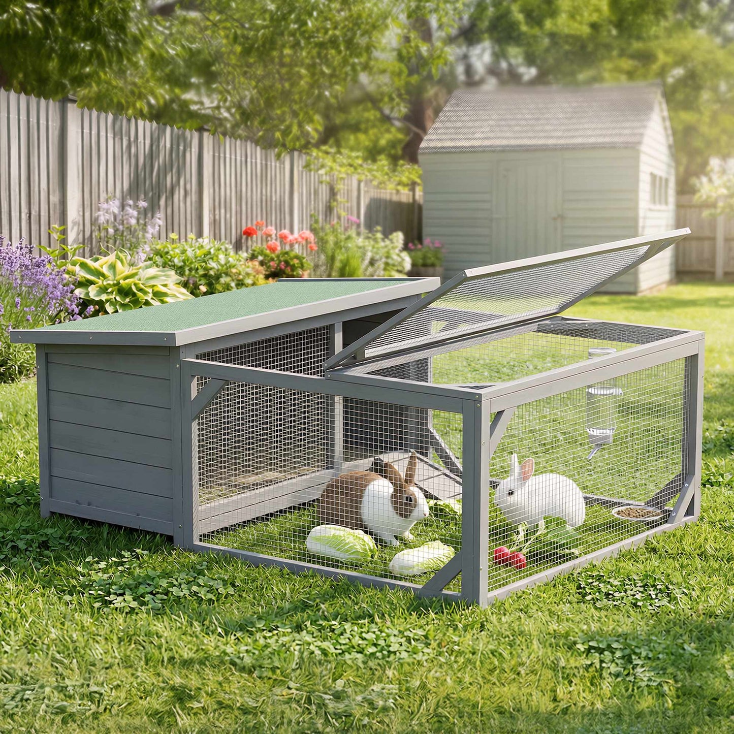 Rabbit Hutch with Bitumen Roof, Run, Doors, 125.5x100x49 cm