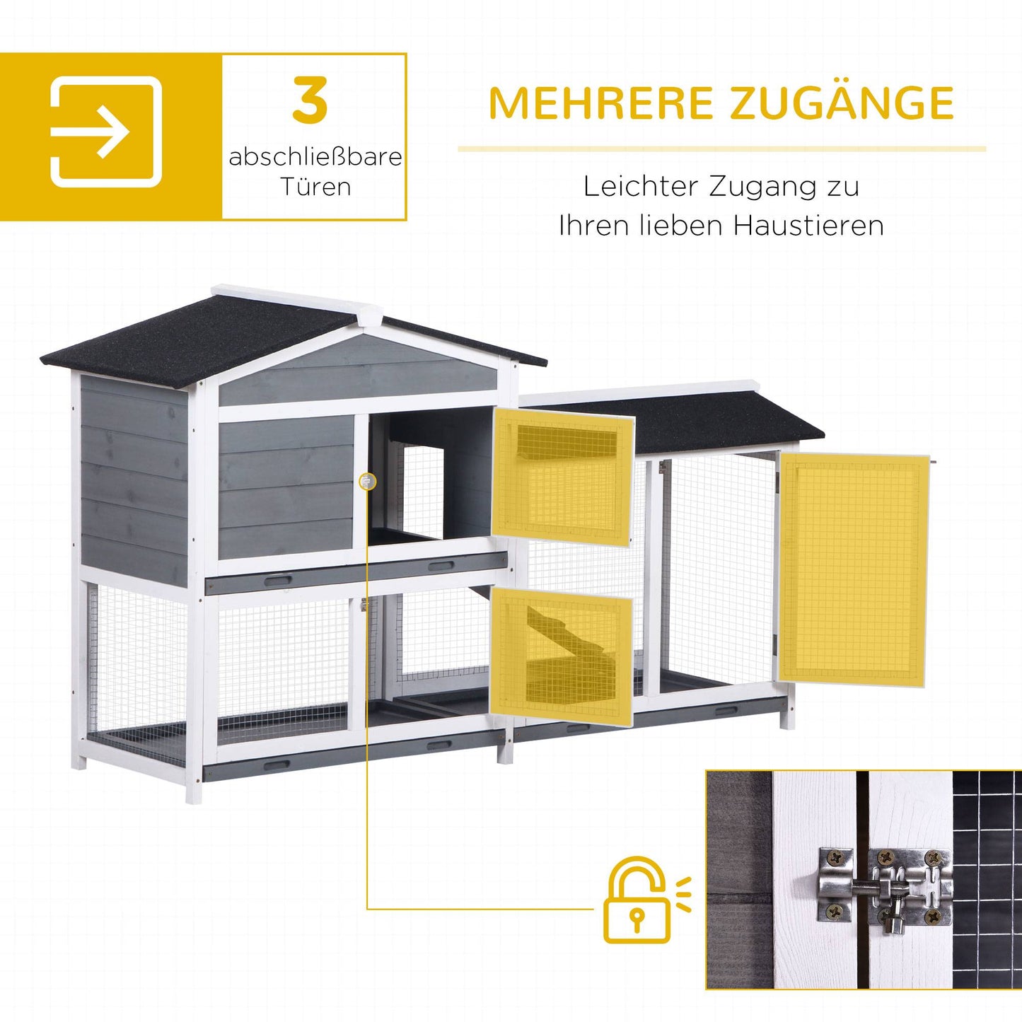 Rabbit Hutch with Run, 2 Levels, Wood, 157x53x93 cm