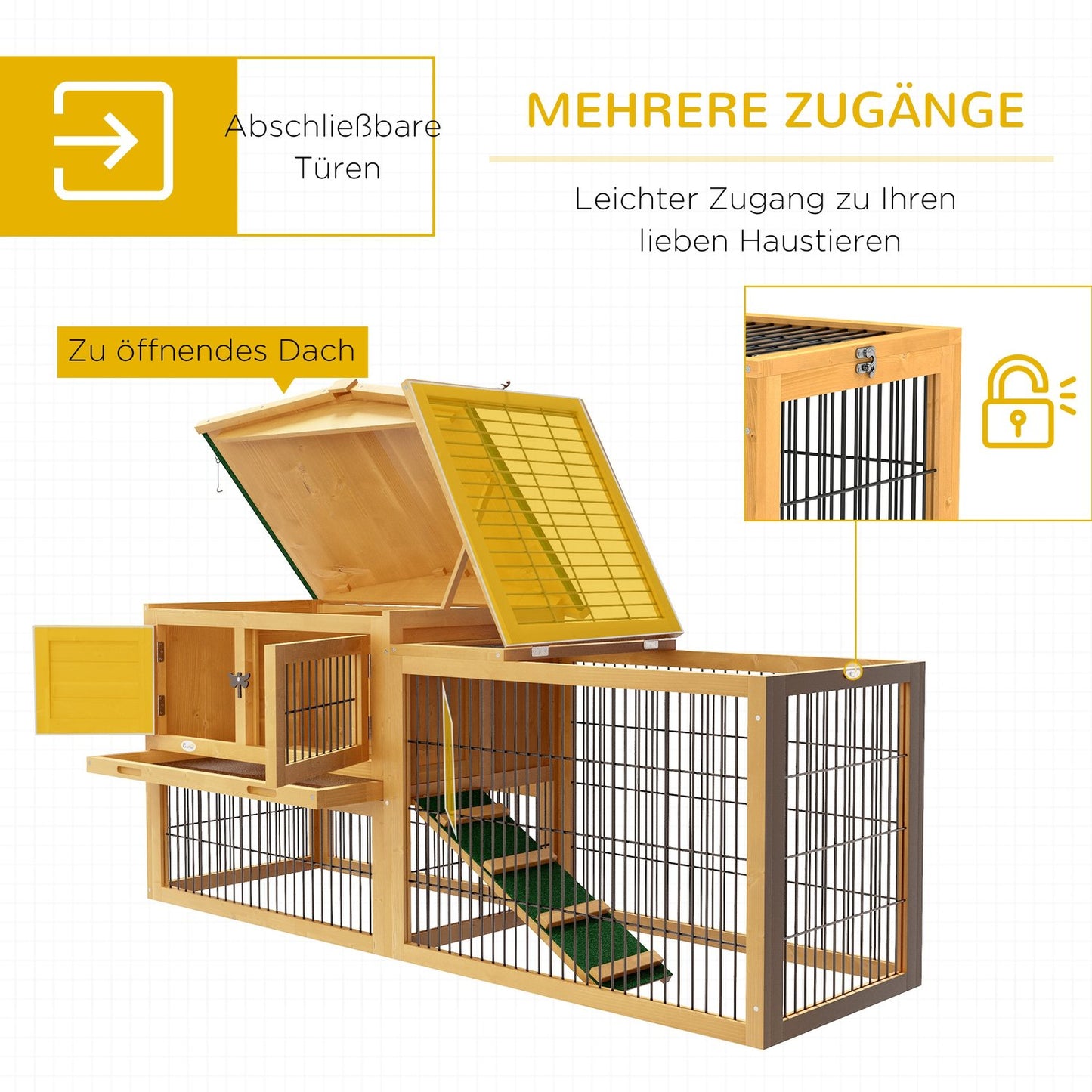 Outdoor 2-level spruce rabbit hutch with ramp