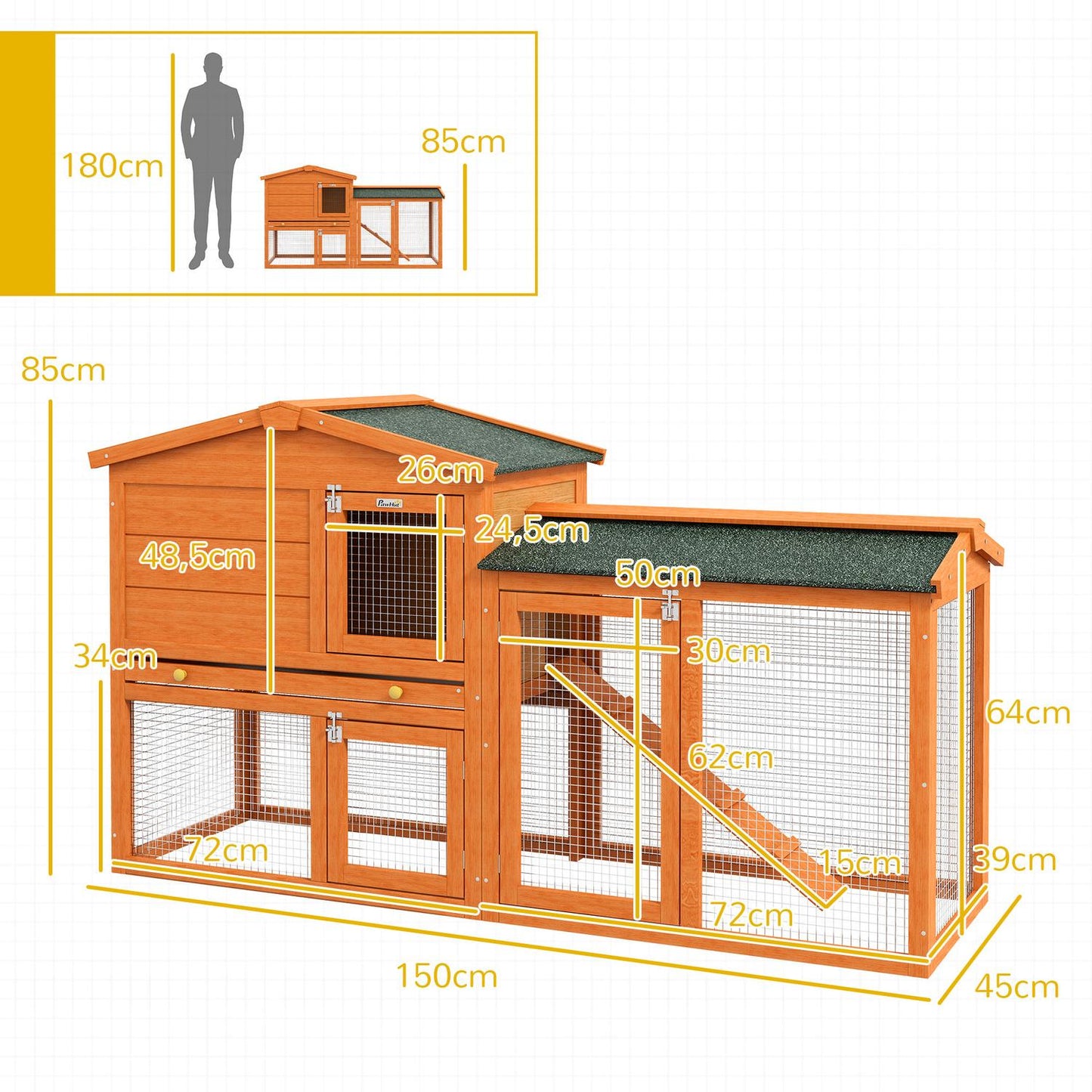 Rabbit cage in fir wood on two levels, winterproof with ramp
