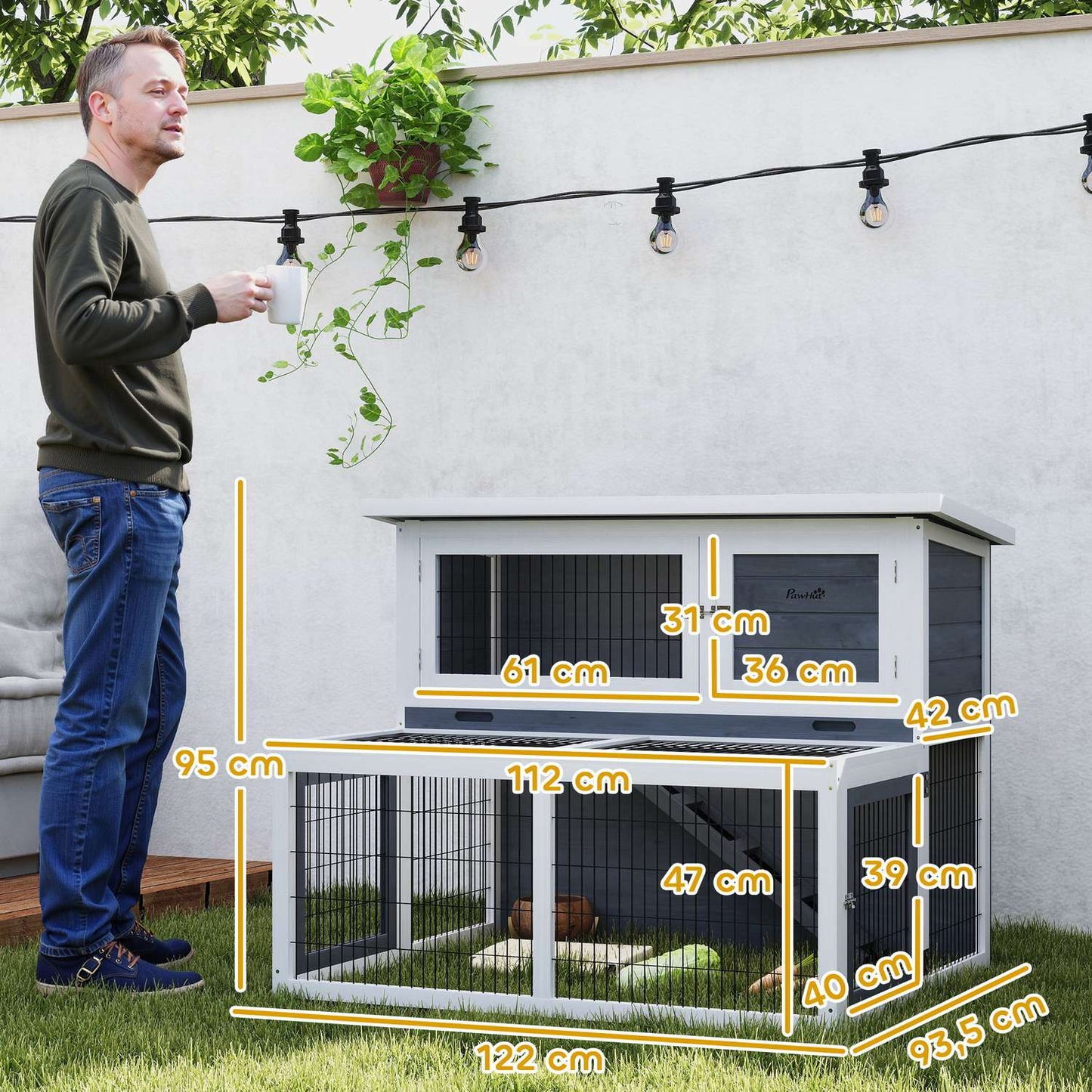 Two-story rabbit hutch with outdoor enclosure
