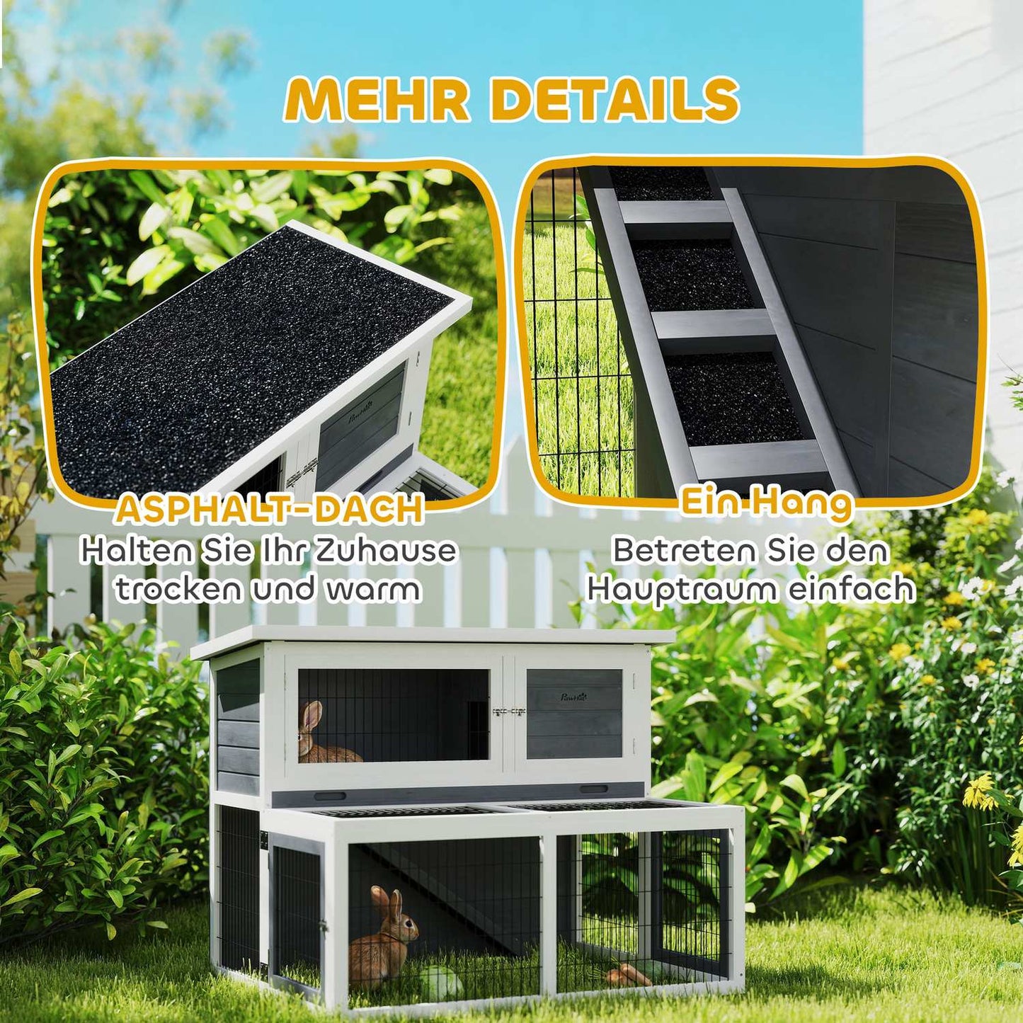 Two-story rabbit hutch with outdoor enclosure