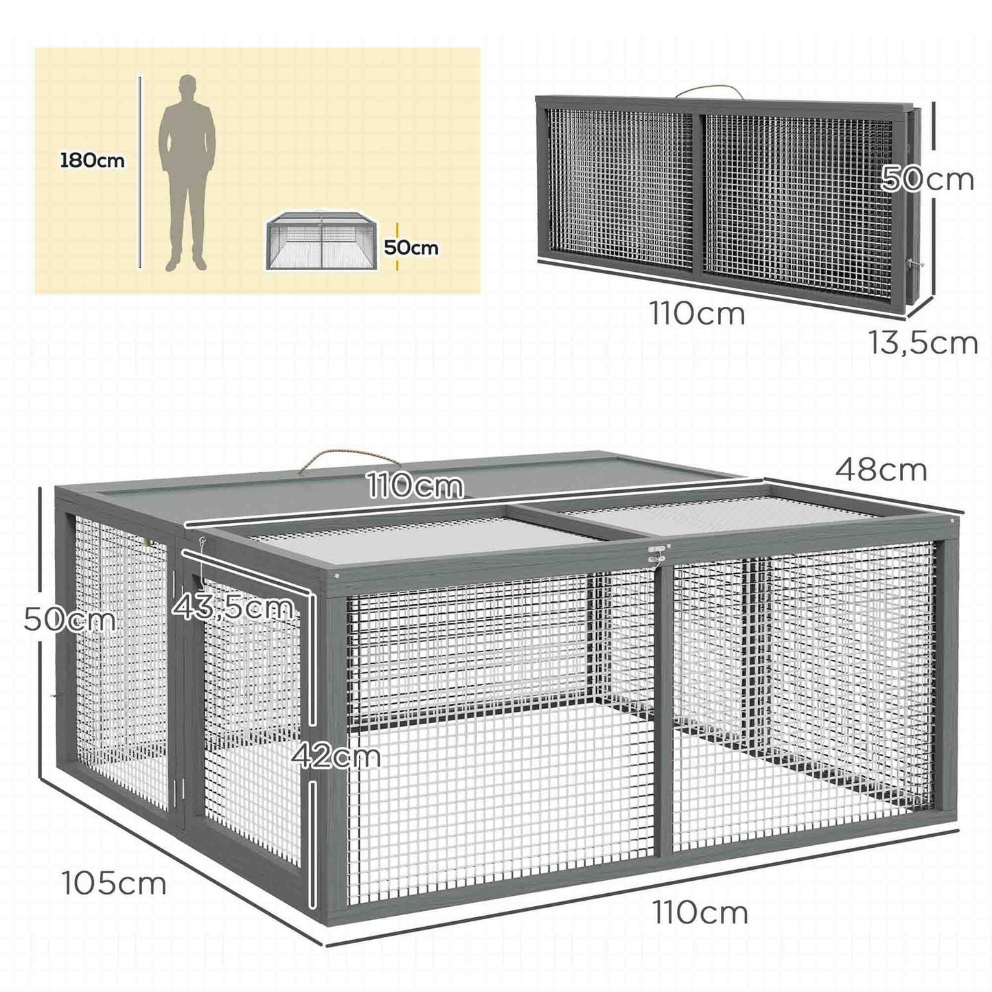 Dwarf rabbit cage in wood with cover, folding roof