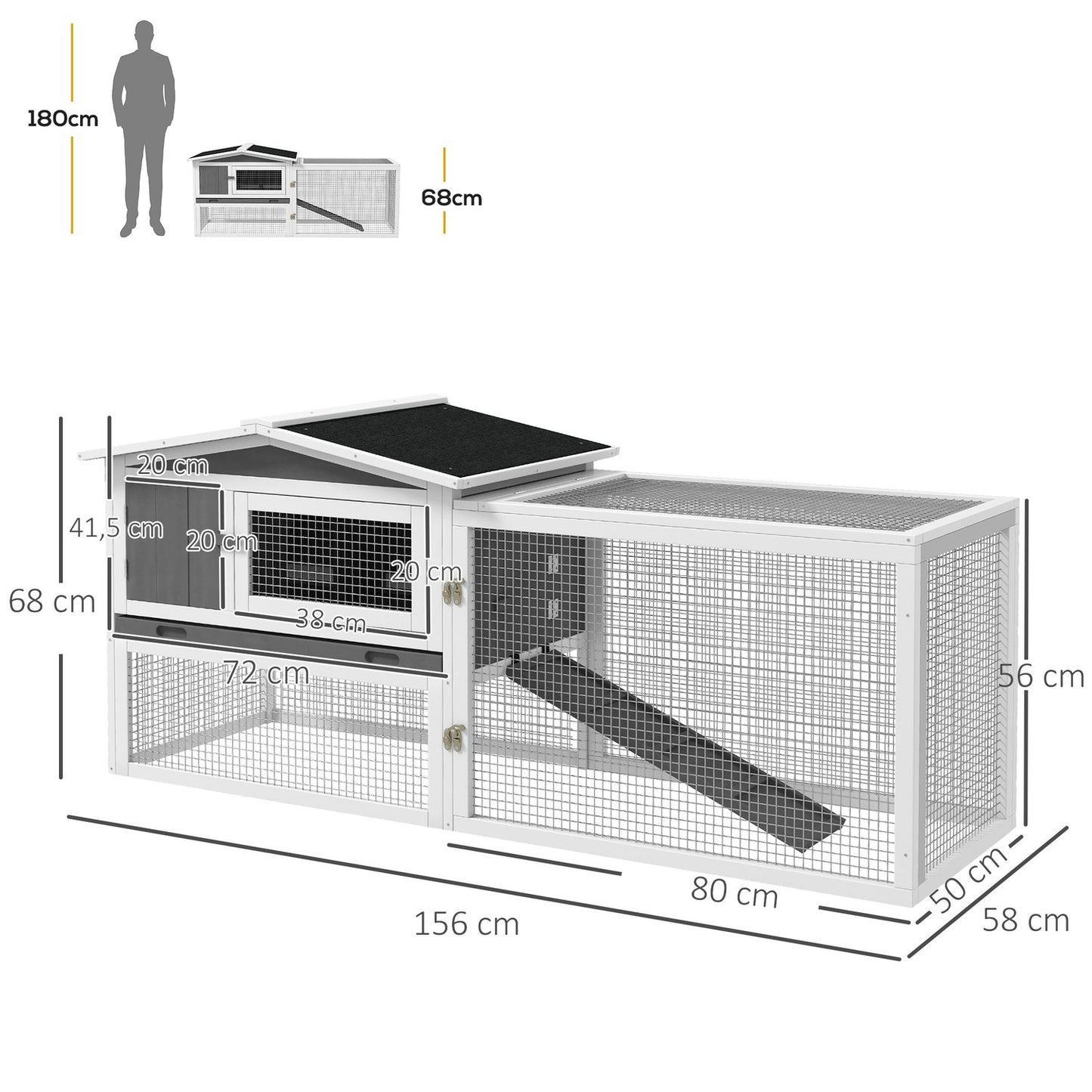 Rabbit hutch with enclosure and viewing window, 2 floors, wood